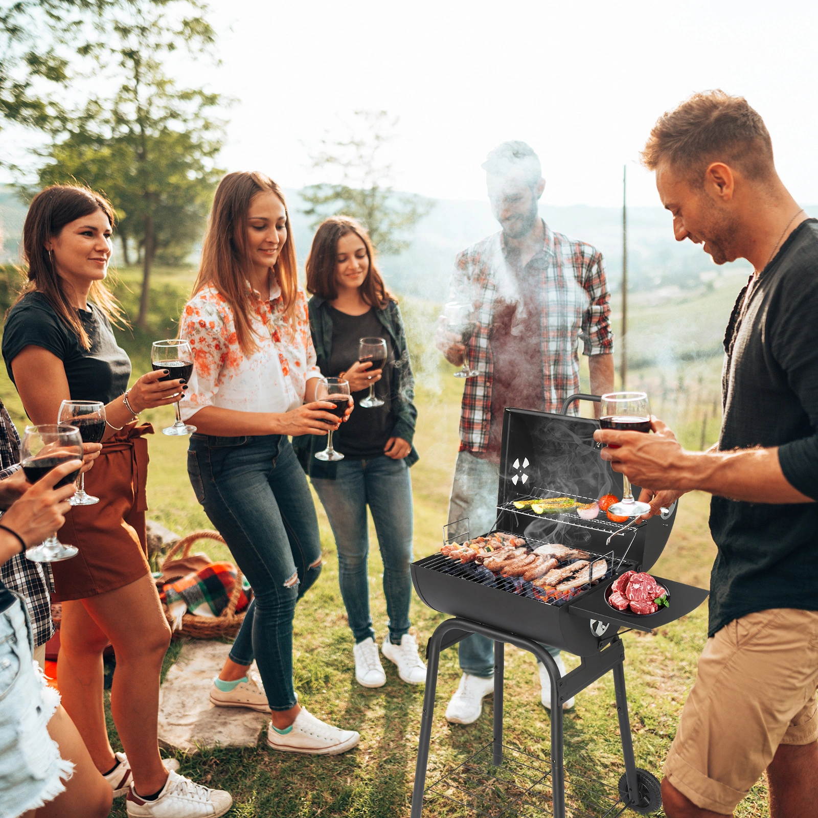 Charcoal Grills Outdoor BBQ Grill, Barrel Charcoal Grill with Side Table and Wheels, for Outdoor Backyard Camping Picnics Patio and Parties view 18