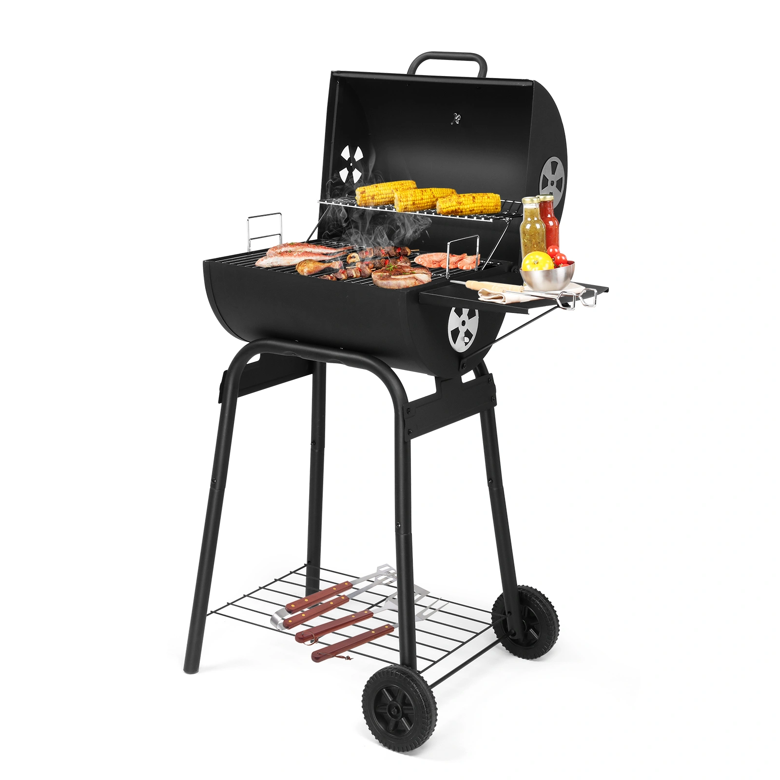 Charcoal Grills Outdoor BBQ Grill, Barrel Charcoal Grill with Side Table and Wheels, for Outdoor Backyard Camping Picnics Patio and Parties view 6