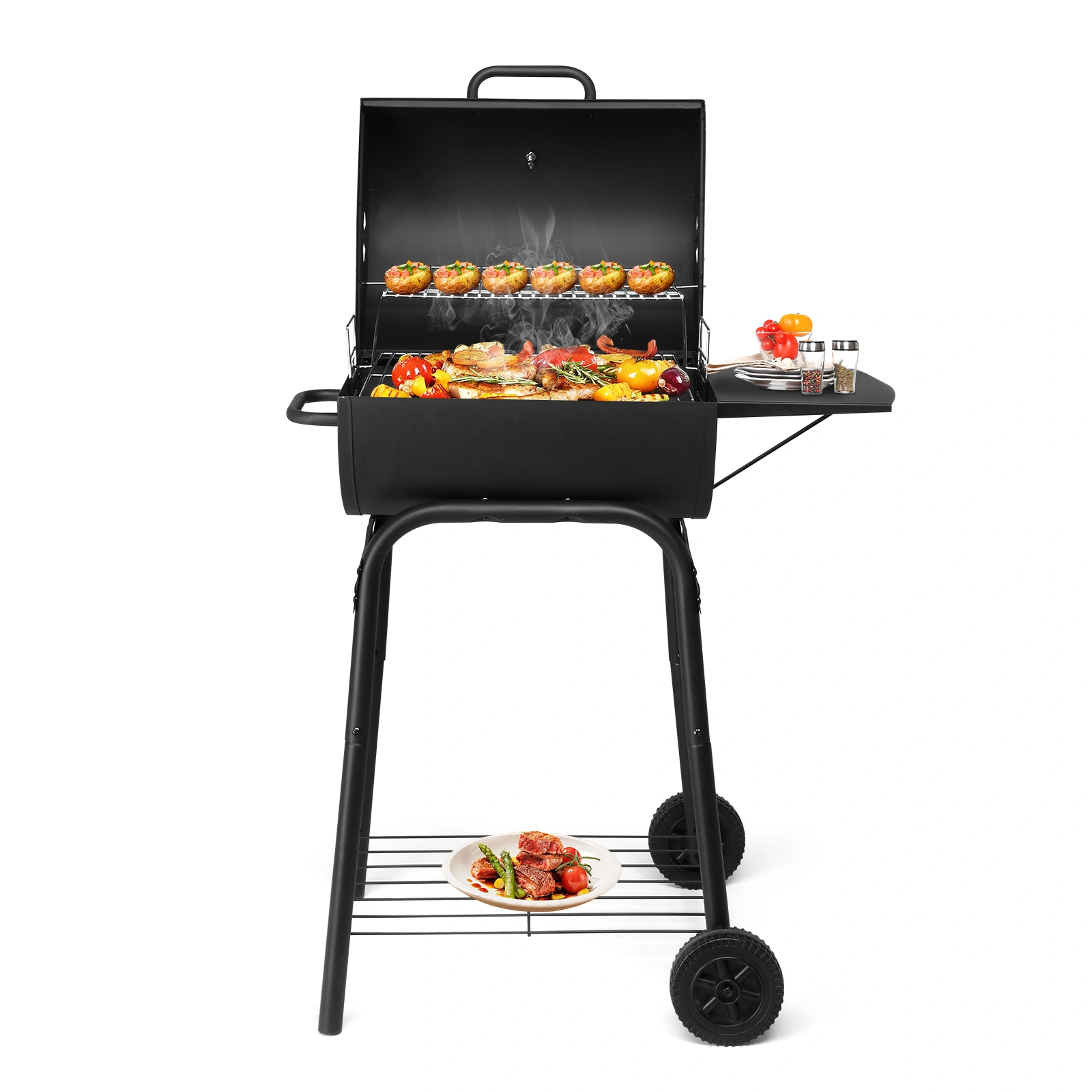 Charcoal Grills Outdoor BBQ Grill, Barrel Charcoal Grill with Side Table and Wheels, for Outdoor Backyard Camping Picnics Patio and Parties view 7