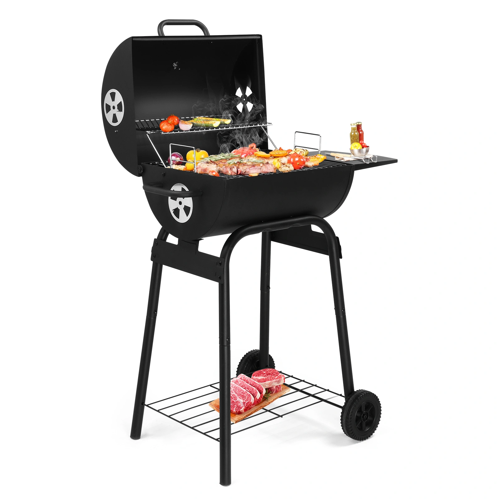Charcoal Grills Outdoor BBQ Grill, Barrel Charcoal Grill with Side Table and Wheels, for Outdoor Backyard Camping Picnics Patio and Parties view 8