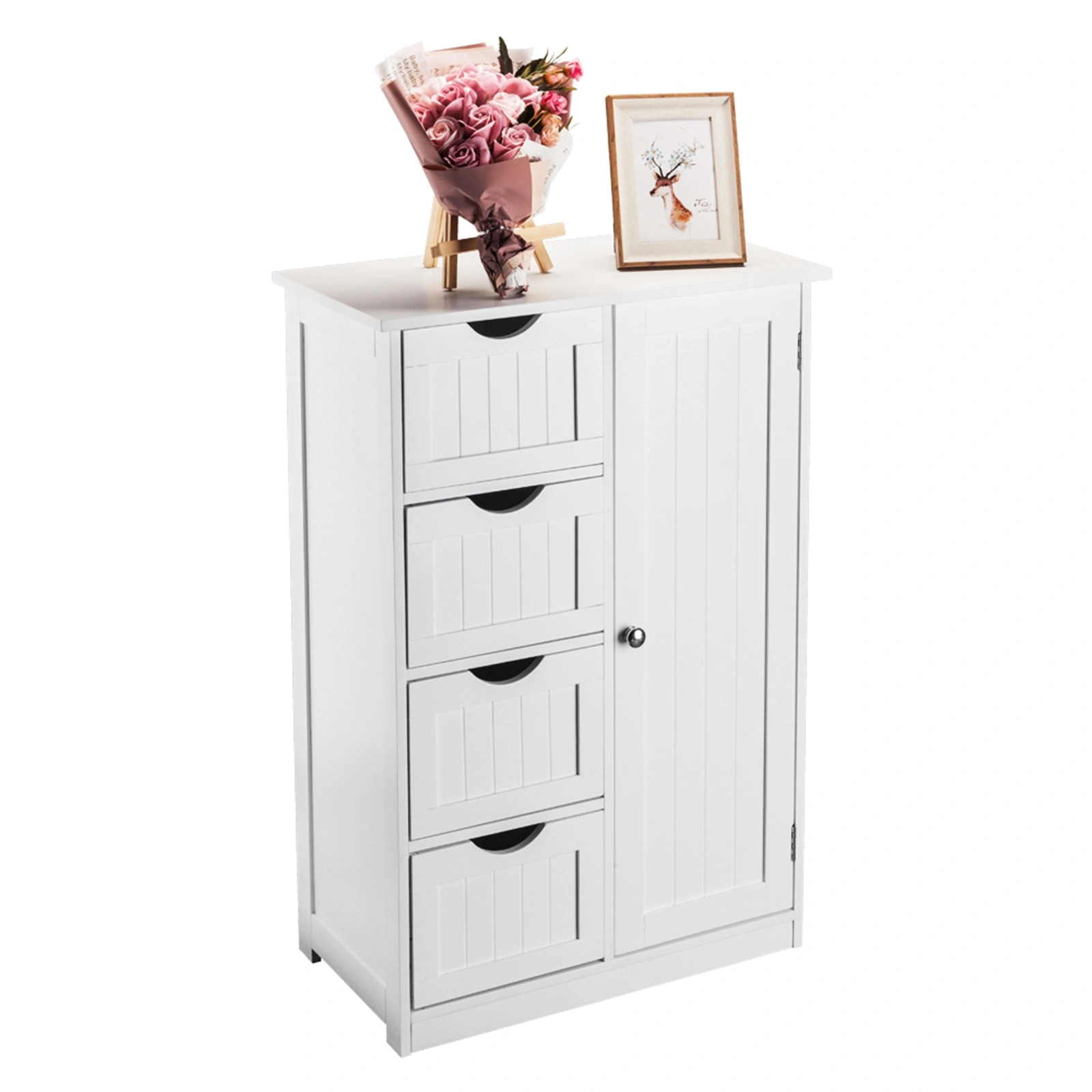 White Single-Door Bathroom Cabinet with 4 Drawers - Wall or Floor Storage Unit