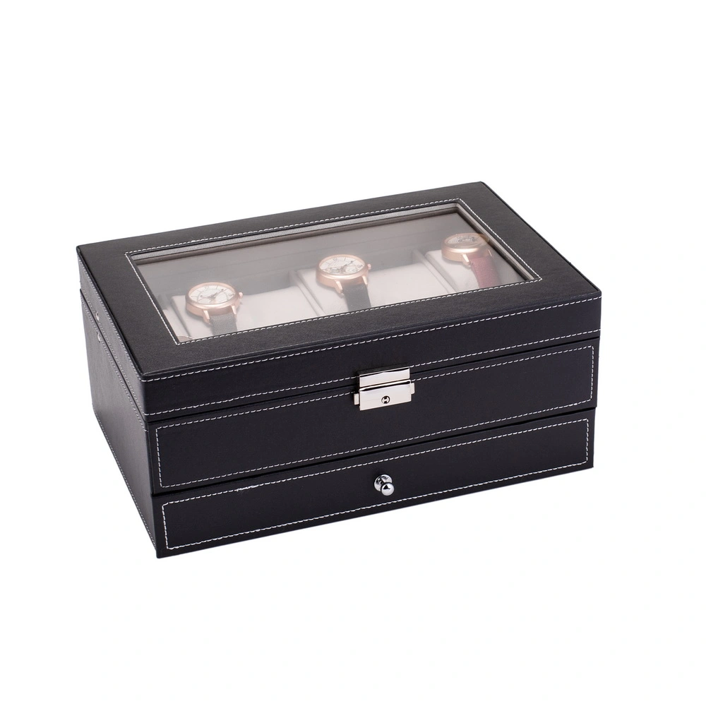 12-Slot Watch Box for Men, Lockable Watch Organizer & Jewelry Display Case, Real Glass Top, Faux Leather, Black