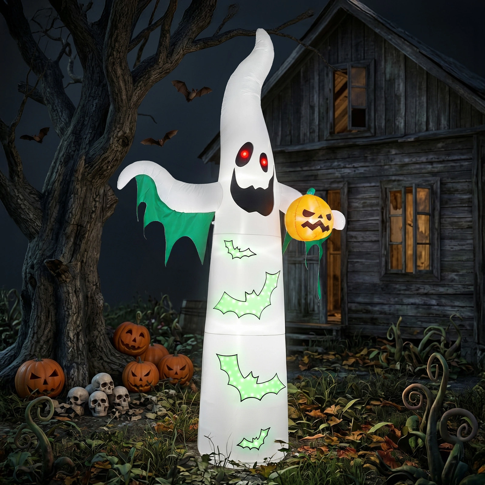 12ft Inflatable Halloween Decor with Flashing Bats & White Ghosts, 4 LED Lights + 82 String Lights, White & Green, 12V 1500mA US Power Adapter view 10