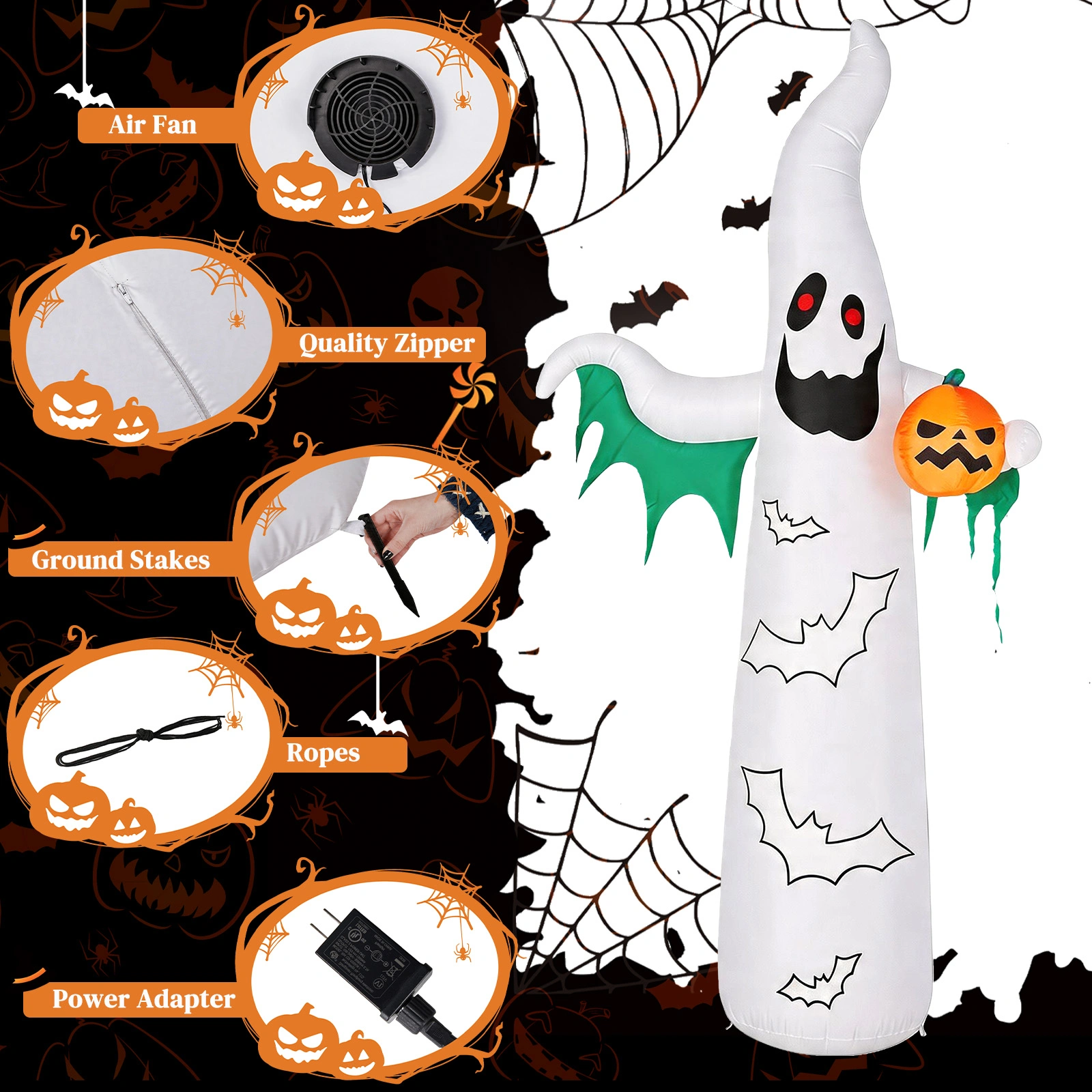 12ft Inflatable Halloween Decor with Flashing Bats & White Ghosts, 4 LED Lights + 82 String Lights, White & Green, 12V 1500mA US Power Adapter view 7