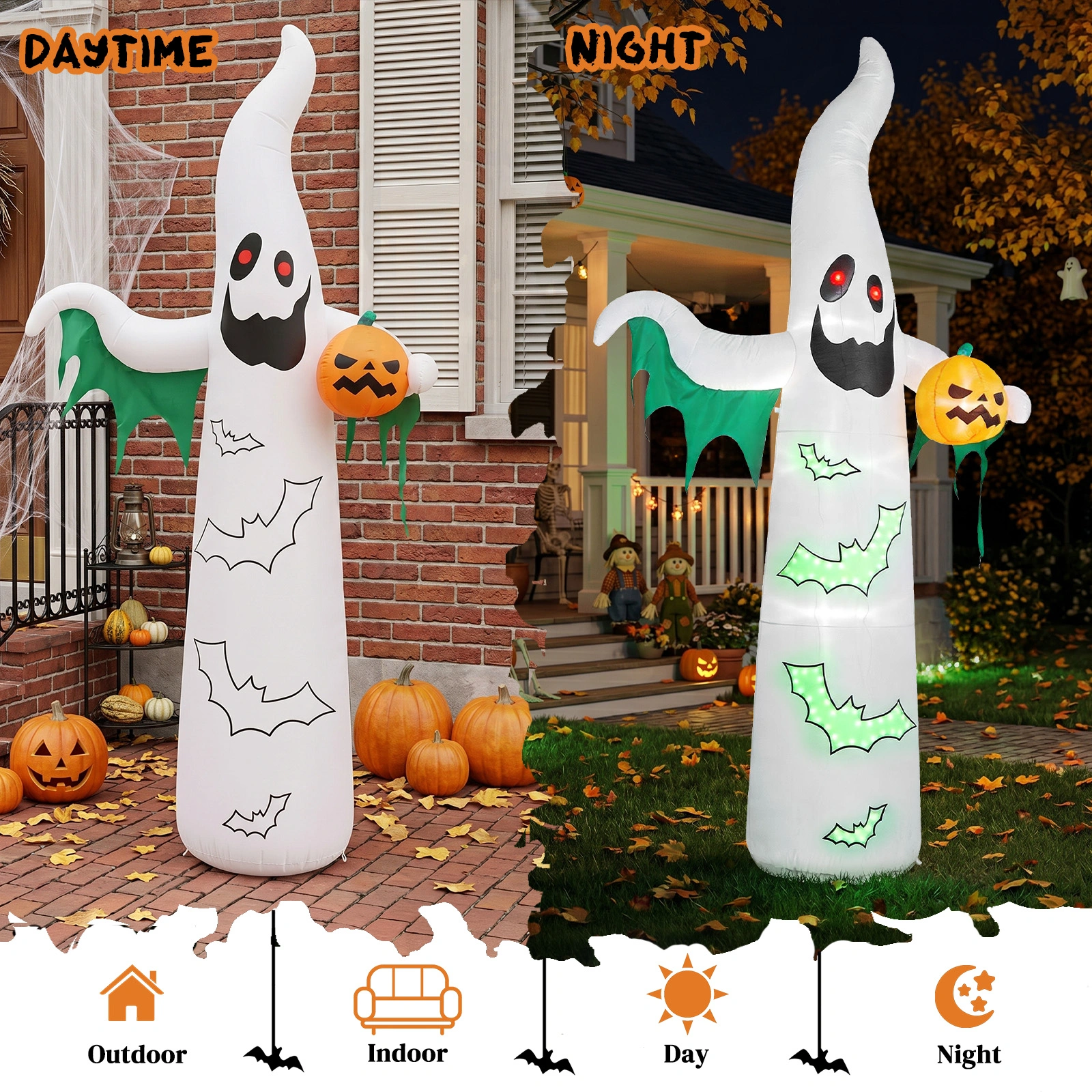 12ft Inflatable Halloween Decor with Flashing Bats & White Ghosts, 4 LED Lights + 82 String Lights, White & Green, 12V 1500mA US Power Adapter view 8