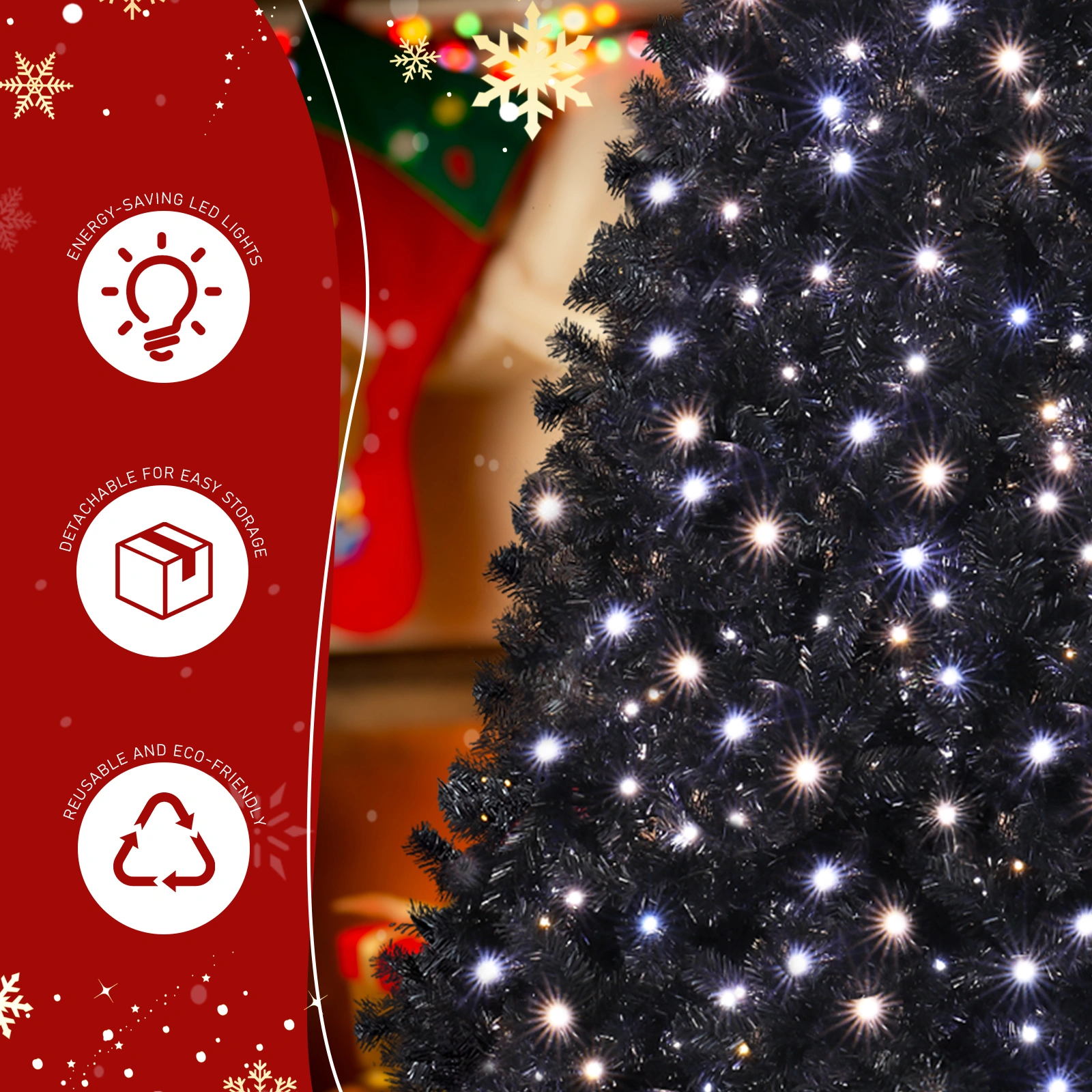 7.5 FT Pre-lit Artificial Christmas Tree, Hinged Xmas Pine Tree with 1350 Branch Tips, 400 Lights and Remote Control for Holiday Party Office Home, Black view 10