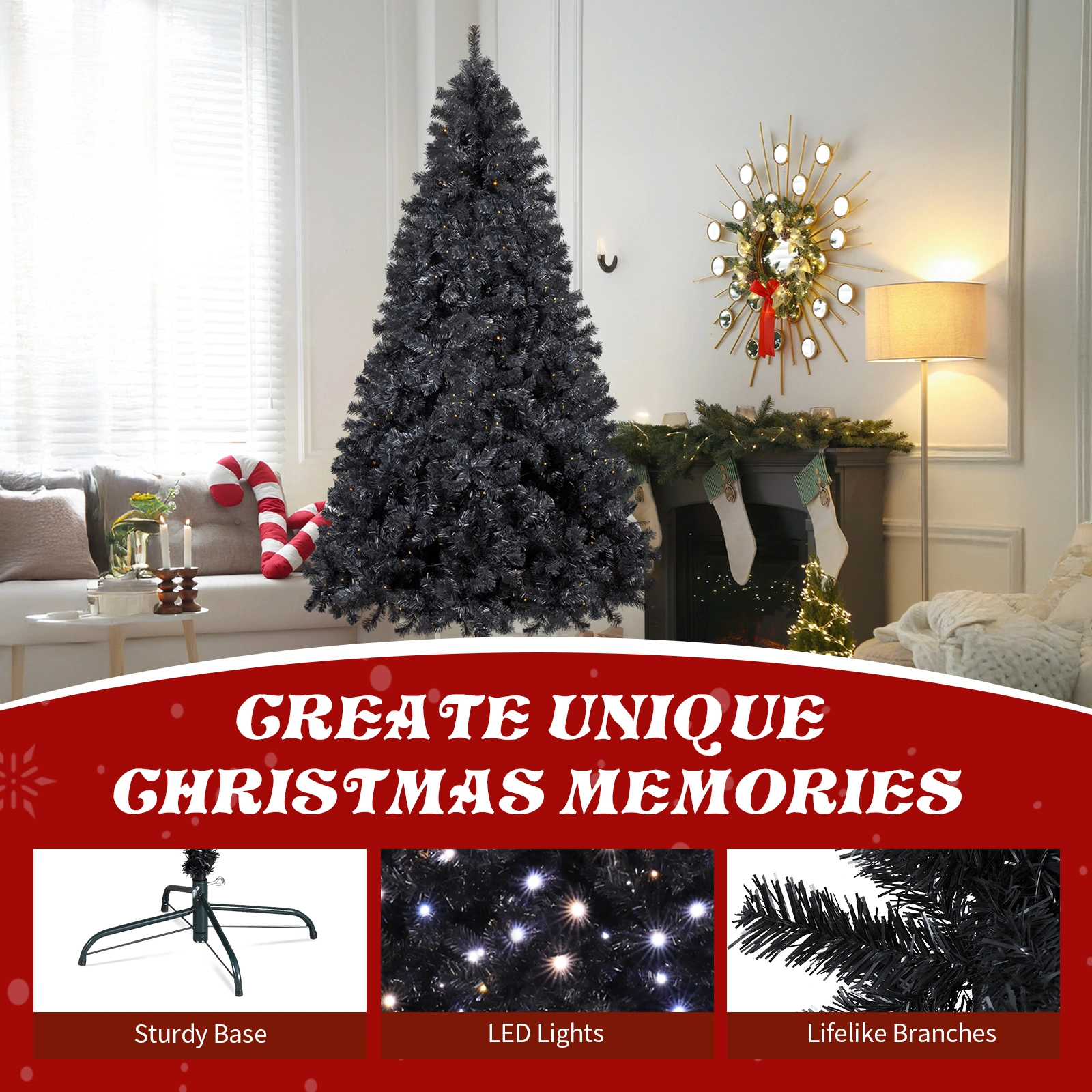 7.5 FT Pre-lit Artificial Christmas Tree, Hinged Xmas Pine Tree with 1350 Branch Tips, 400 Lights and Remote Control for Holiday Party Office Home, Black view 12