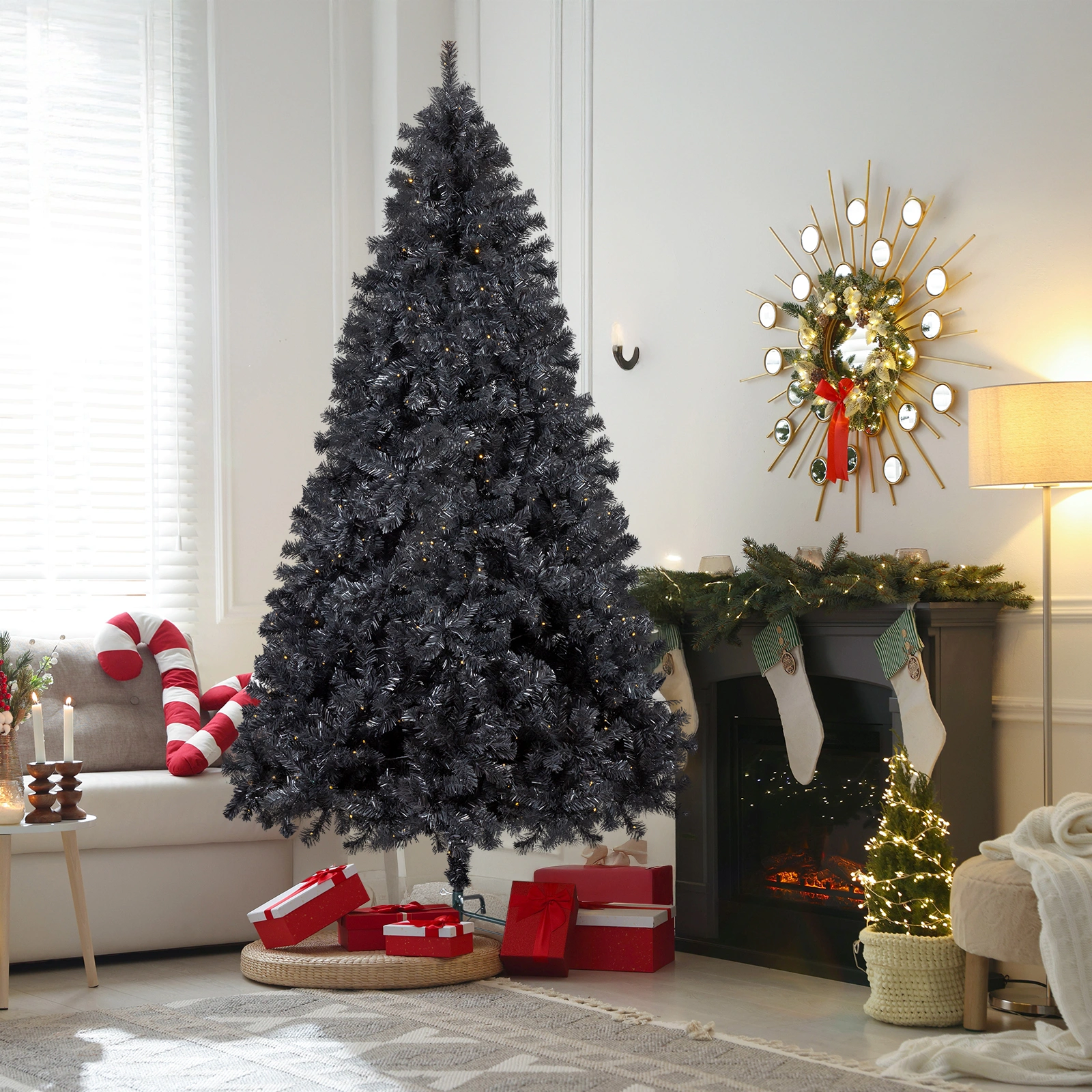 7.5 FT Pre-lit Artificial Christmas Tree, Hinged Xmas Pine Tree with 1350 Branch Tips, 400 Lights and Remote Control for Holiday Party Office Home, Black view 5