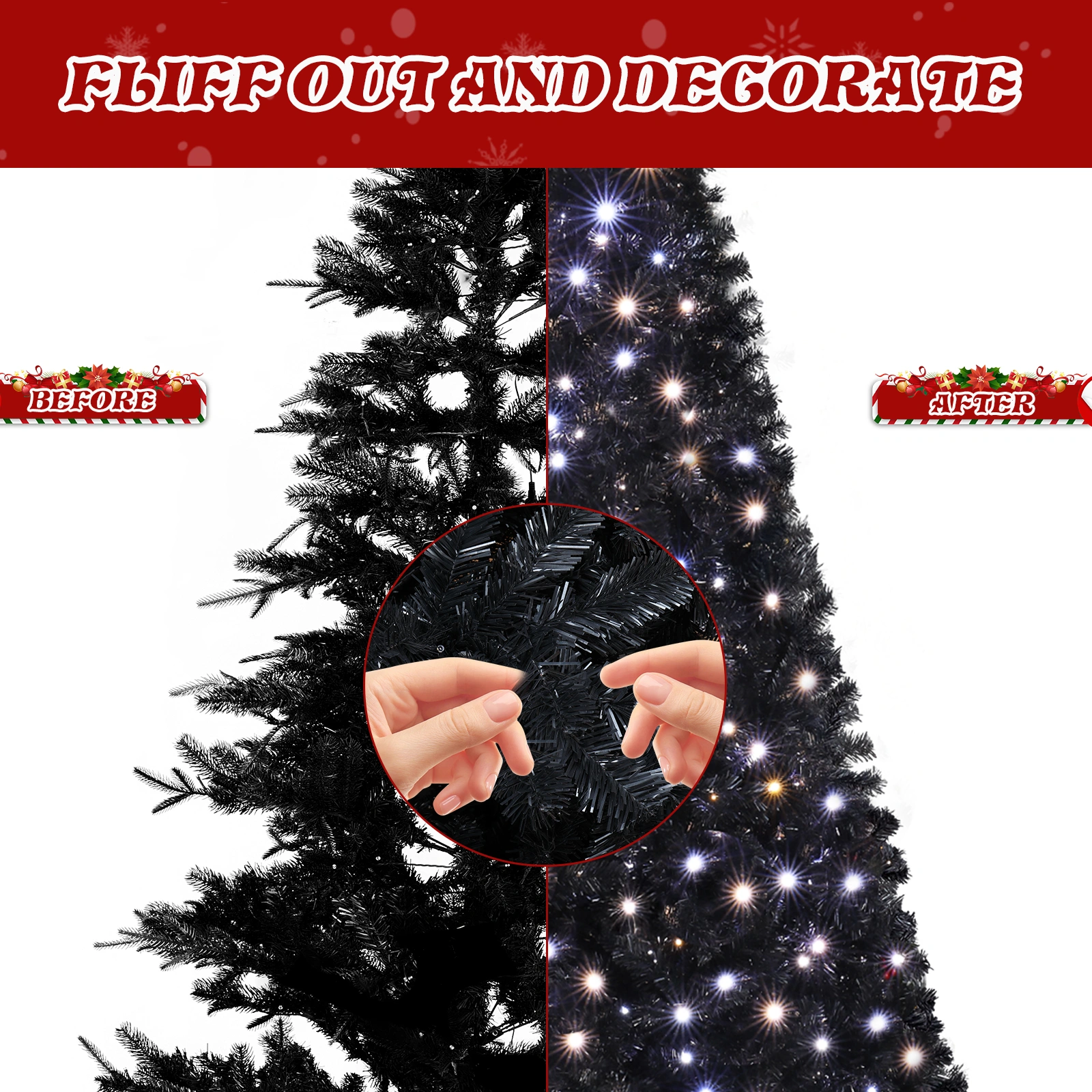 7.5 FT Pre-lit Artificial Christmas Tree, Hinged Xmas Pine Tree with 1350 Branch Tips, 400 Lights and Remote Control for Holiday Party Office Home, Black view 8