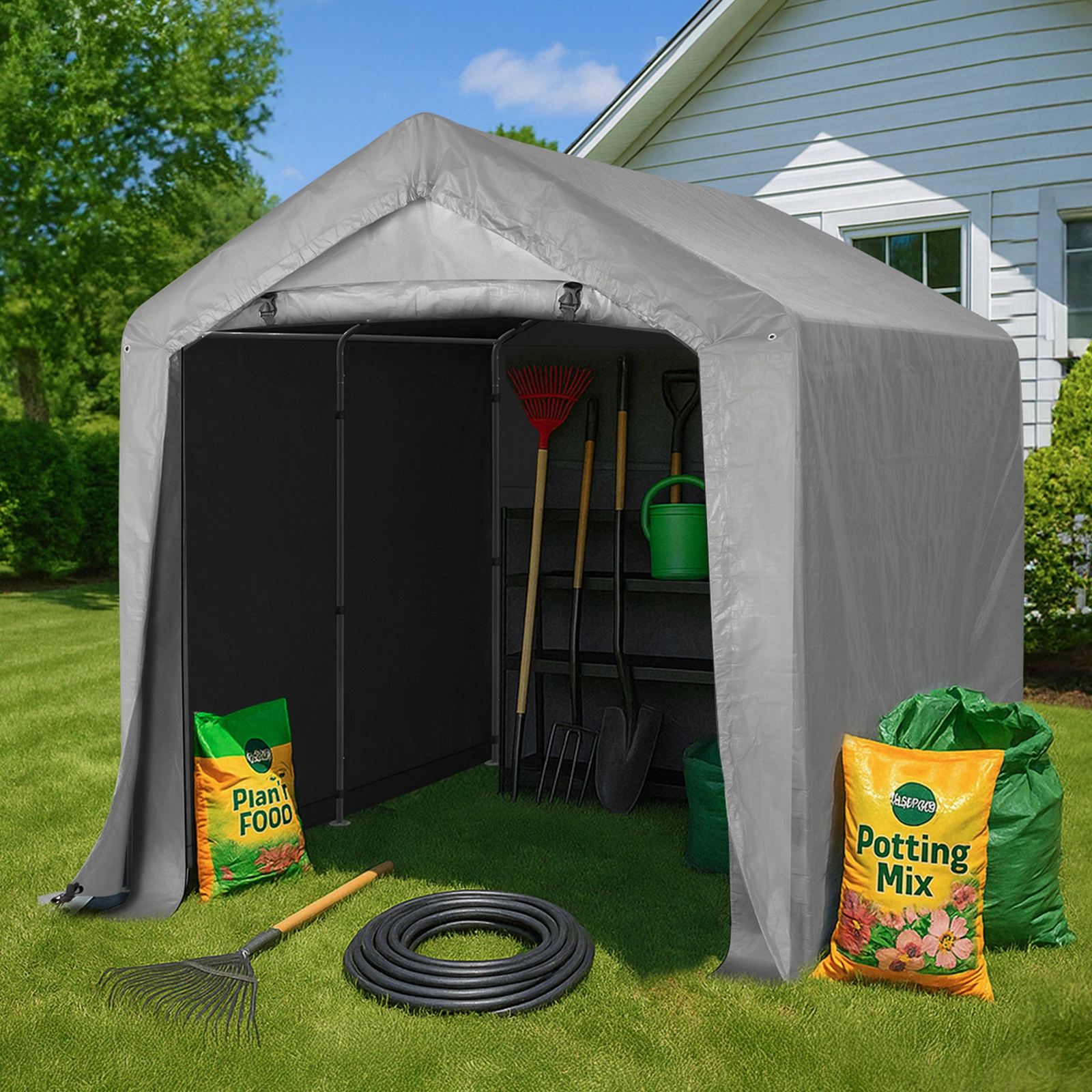 8'x8' Outdoor Storage Shelter Shed, Heavy Duty Grey Pop-up Gazebo Canopy Tent, Weather Resistant Garden Car Cover view 12