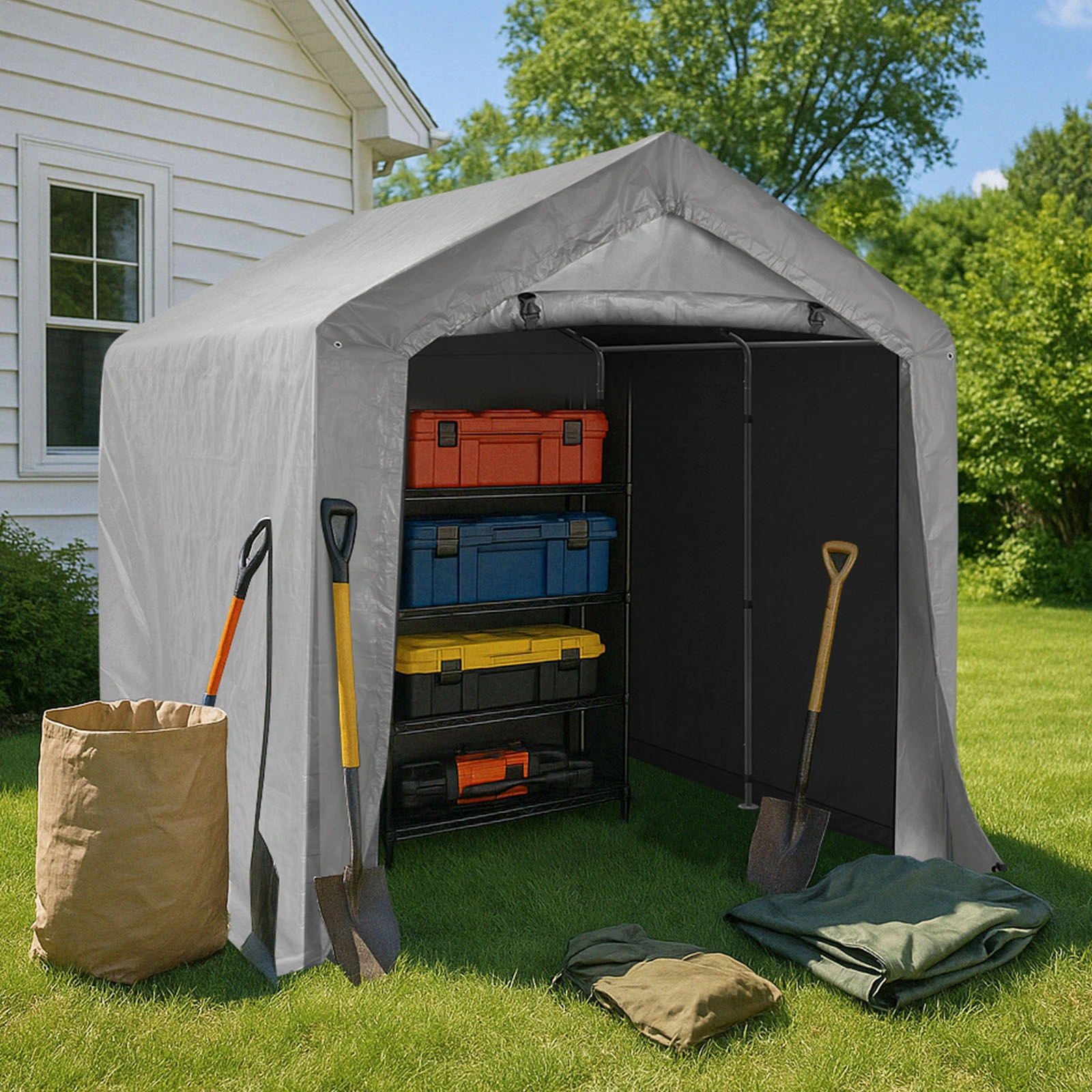 8'x8' Outdoor Storage Shelter Shed, Heavy Duty Grey Pop-up Gazebo Canopy Tent, Weather Resistant Garden Car Cover view 13