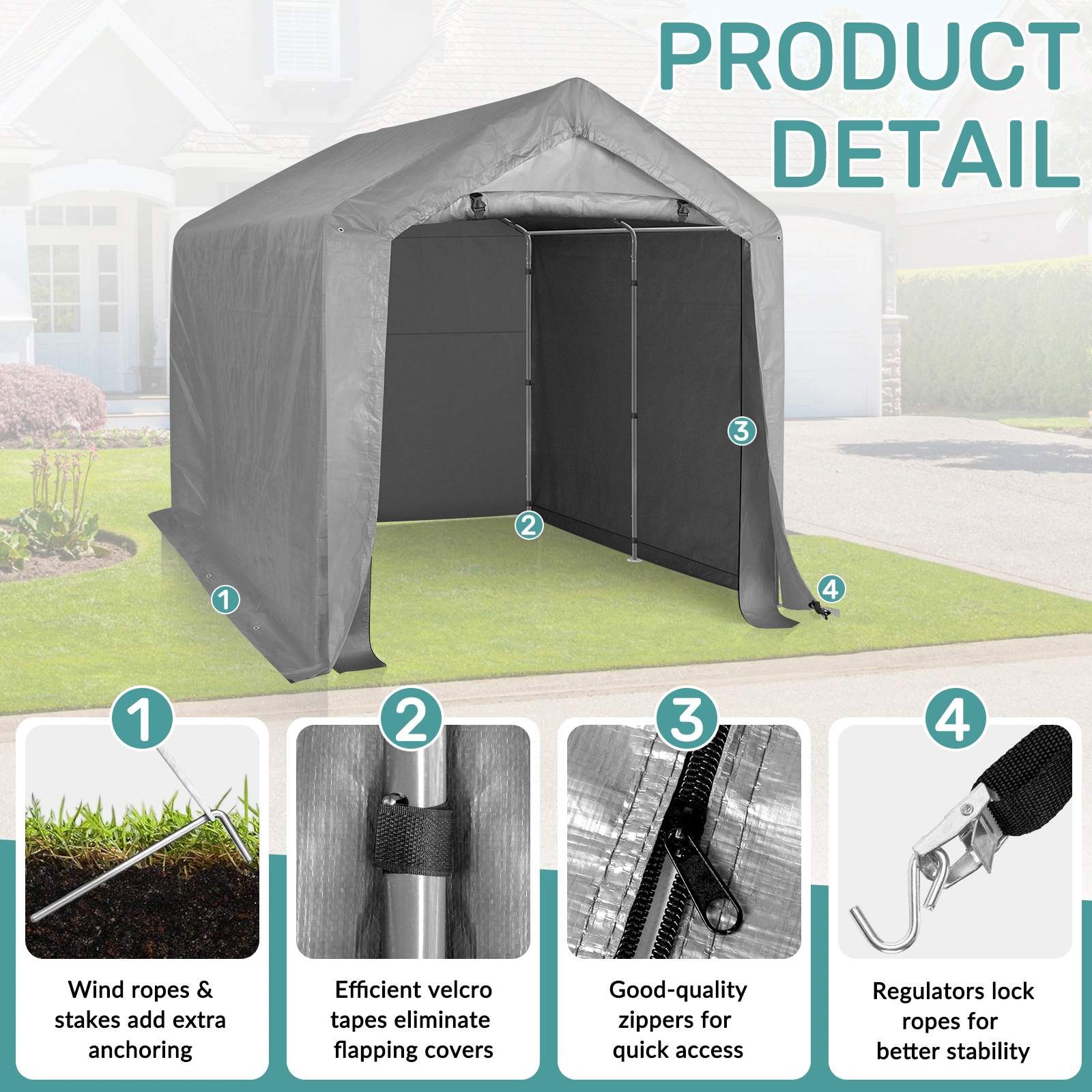 8'x8' Outdoor Storage Shelter Shed, Heavy Duty Grey Pop-up Gazebo Canopy Tent, Weather Resistant Garden Car Cover view 8