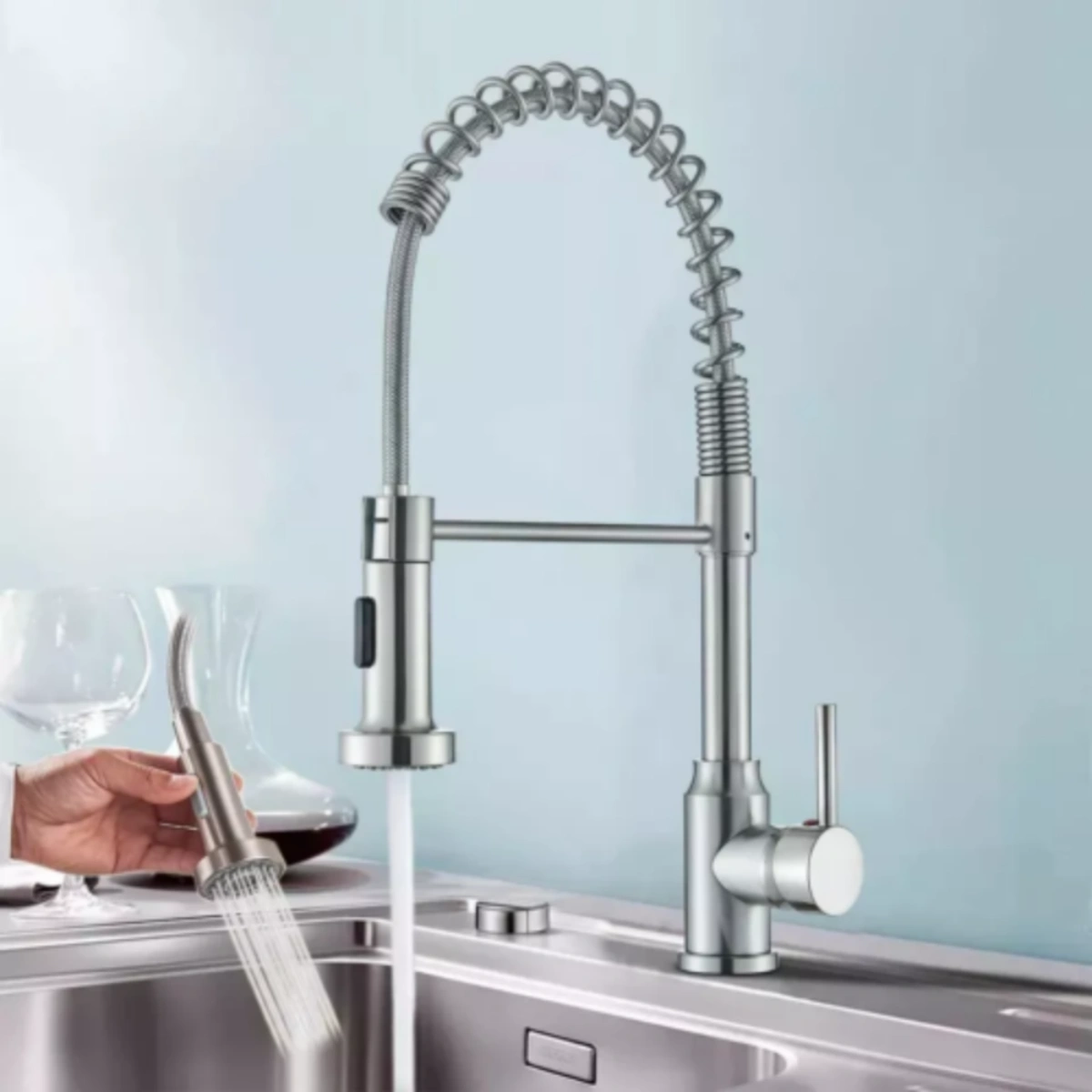 Monobloc Silver Kitchen Sink Mixer Tap with Pull-Out Spray Hose, Single Lever Operation