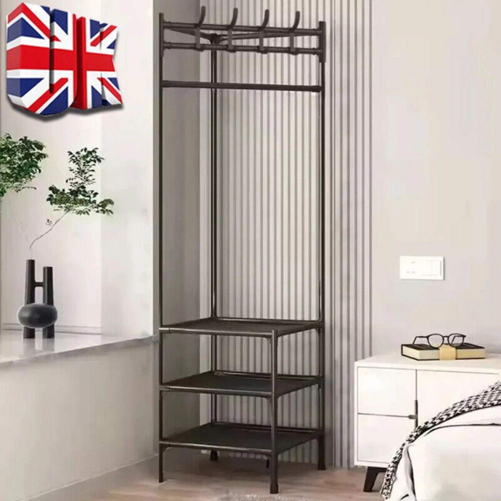Corner Coat Stand Metal Clothes Hanging Rail Shoe Rack Hanger with 3 Tier Shelf Storage view 3
