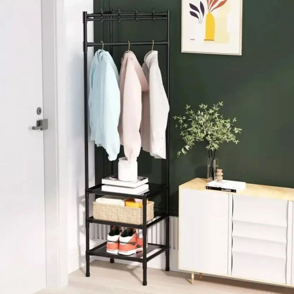 Corner Coat Stand Metal Clothes Hanging Rail Shoe Rack Hanger with 3 Tier Shelf Storage view 5