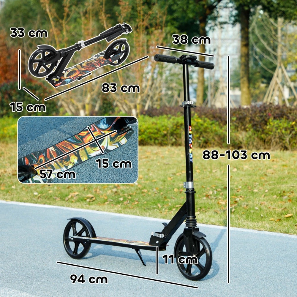 Teen Scooter Foldable Black PP PU Metal Deck Adjustable 88-103cm Rear Brake 20cm Wheels