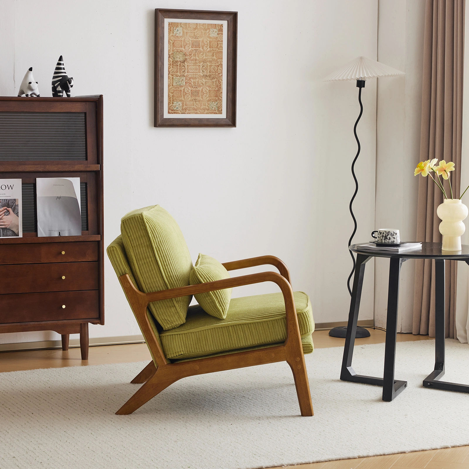 Low Arm Accent Chair - Olive Green Corduroy Upholstered Indoor Lounge Chair, Compact Single Seater with Sturdy Frame (330LBS Weight Capacity) view 11