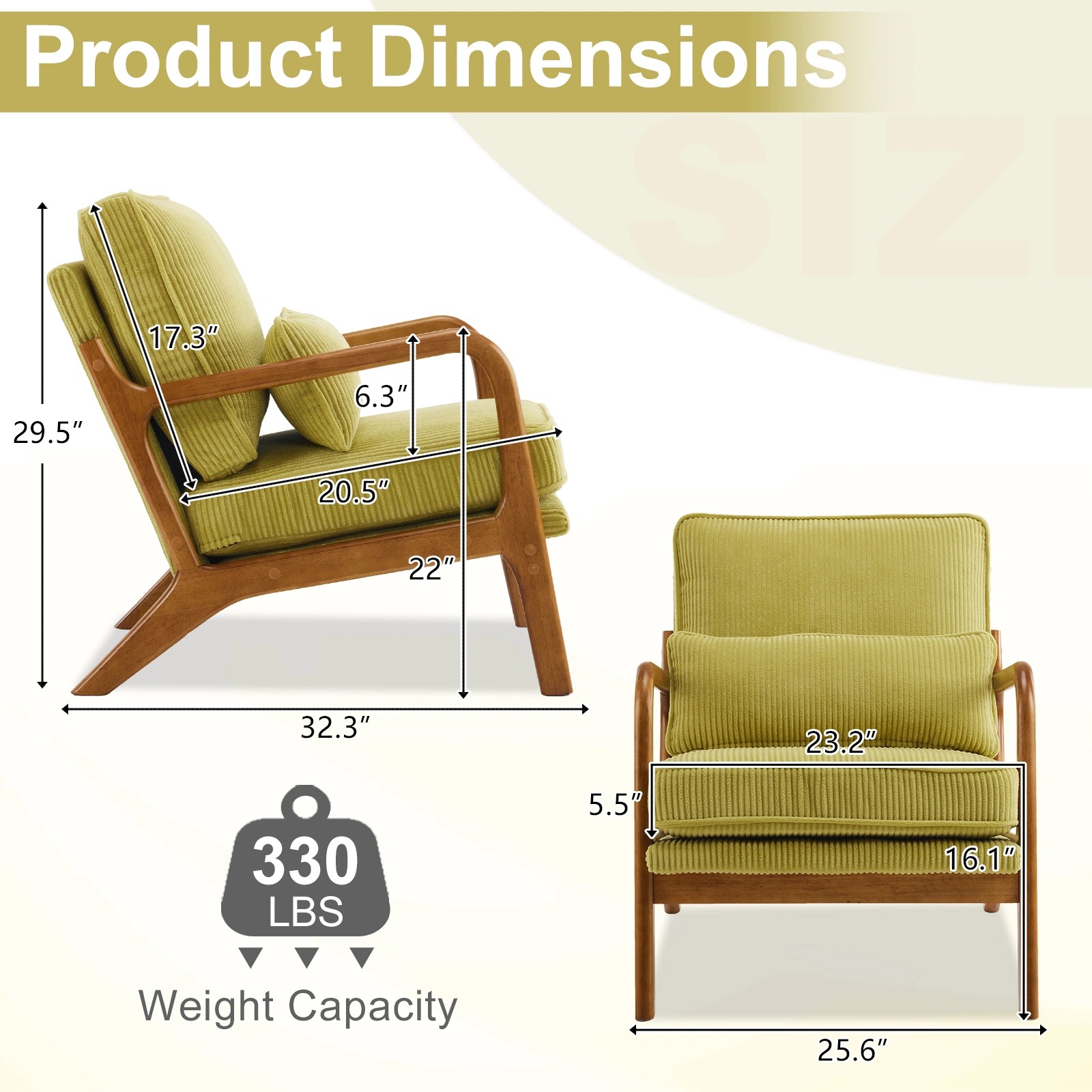Low Arm Accent Chair - Olive Green Corduroy Upholstered Indoor Lounge Chair, Compact Single Seater with Sturdy Frame (330LBS Weight Capacity) view 13