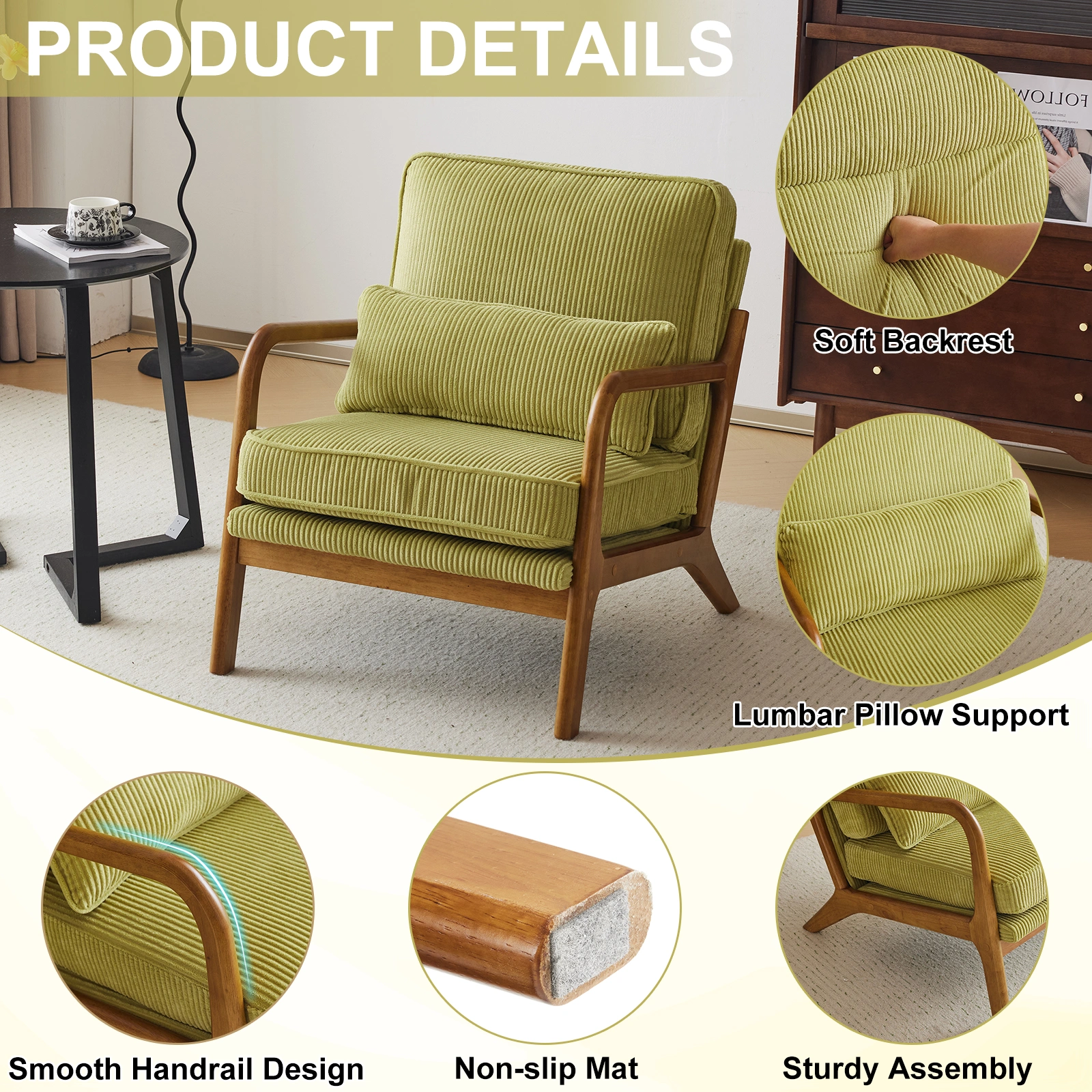 Low Arm Accent Chair - Olive Green Corduroy Upholstered Indoor Lounge Chair, Compact Single Seater with Sturdy Frame (330LBS Weight Capacity) view 2
