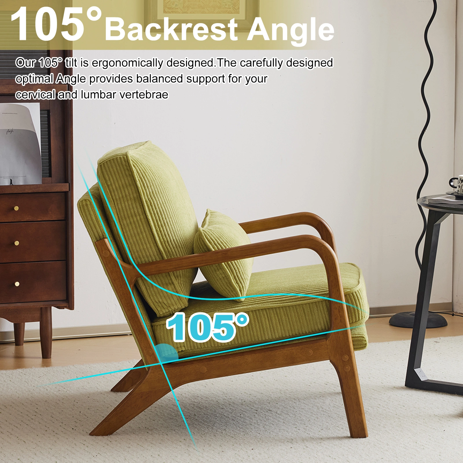 Low Arm Accent Chair - Olive Green Corduroy Upholstered Indoor Lounge Chair, Compact Single Seater with Sturdy Frame (330LBS Weight Capacity) view 4