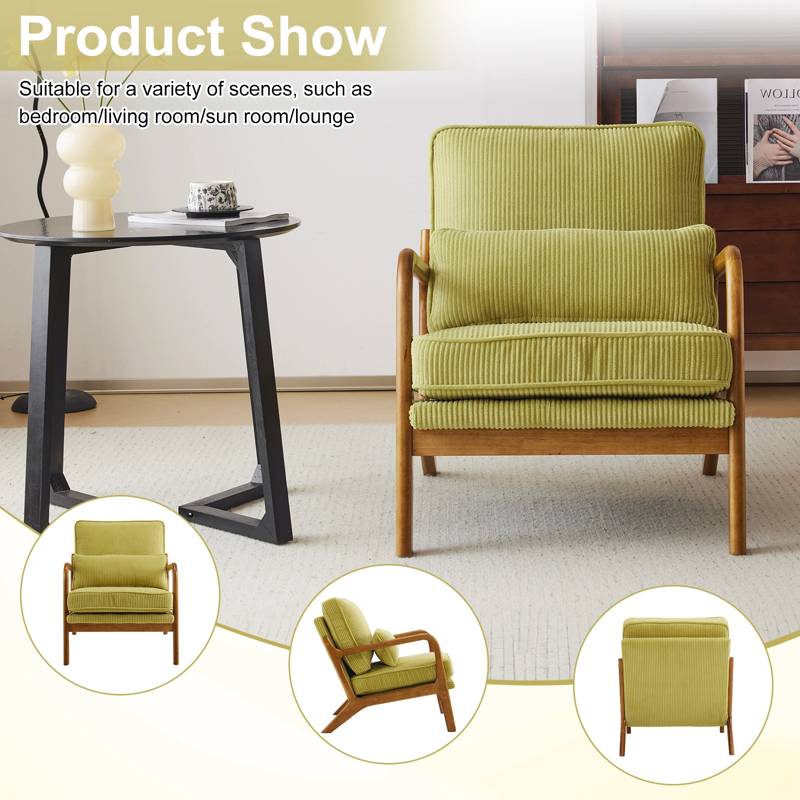 Low Arm Accent Chair - Olive Green Corduroy Upholstered Indoor Lounge Chair, Compact Single Seater with Sturdy Frame (330LBS Weight Capacity) view 6