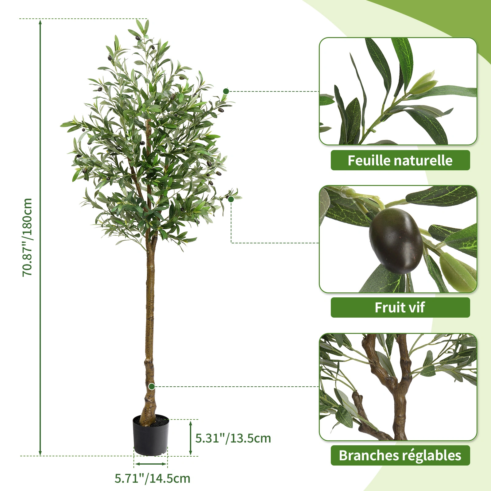 180cm Artificial Olive Tree with Silk Leaves, 950 Leaves & 38 Fruits, PVC Decorative Olive Tree for Home Garden view 2