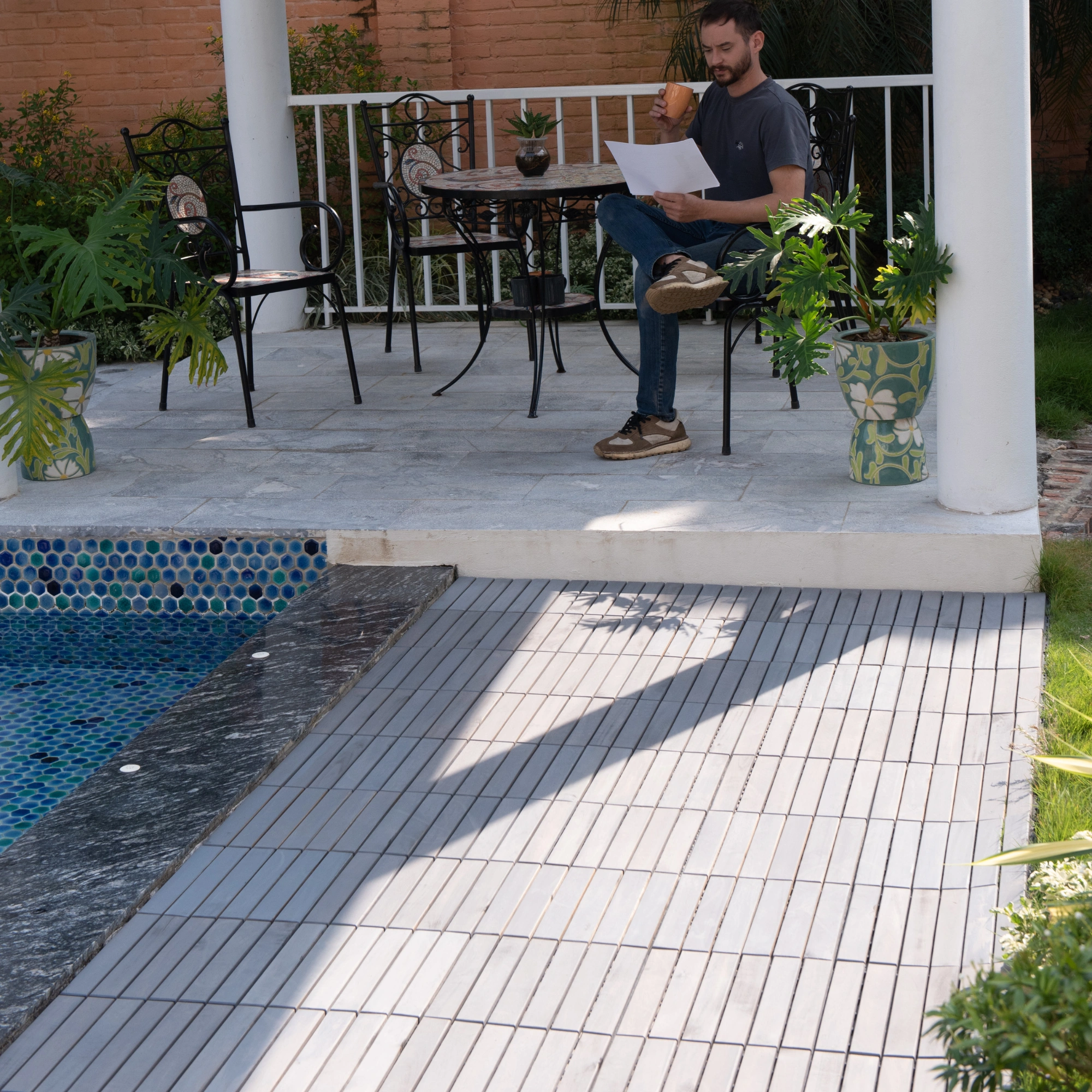 30 PCS Interlocking Deck Tiles 12x12 Inch, Light Gray Acacia Hardwood Outdoor Flooring Striped Pattern for Patio Balcony Poolside view 22
