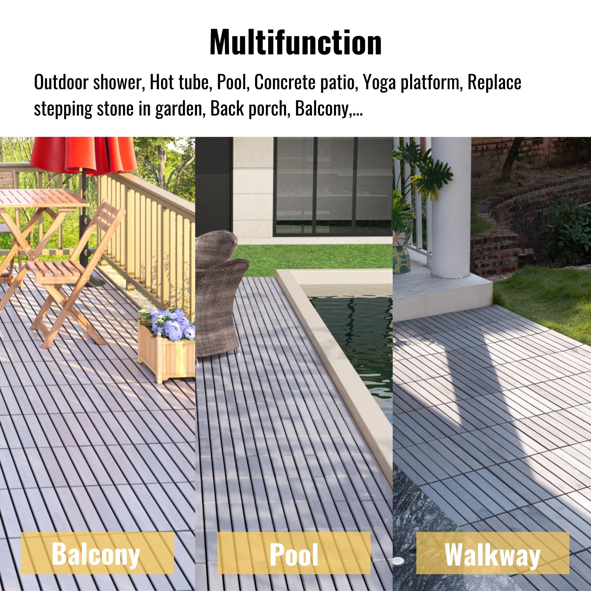 30 PCS Interlocking Deck Tiles 12x12 Inch, Light Gray Acacia Hardwood Outdoor Flooring Striped Pattern for Patio Balcony Poolside view 24