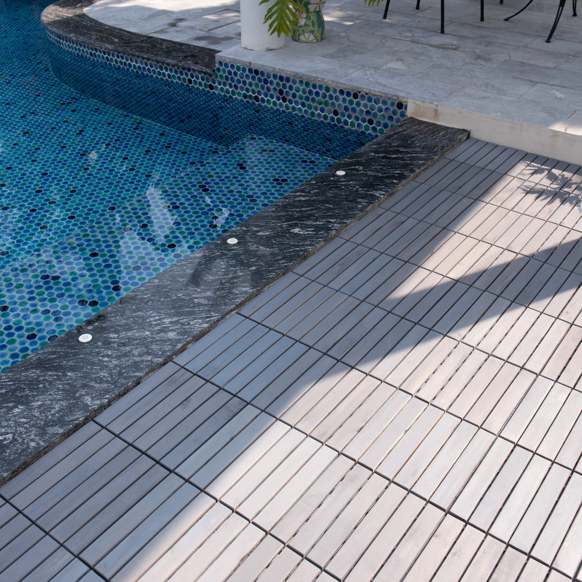 30 PCS Interlocking Deck Tiles 12x12 Inch, Light Gray Acacia Hardwood Outdoor Flooring Striped Pattern for Patio Balcony Poolside view 25