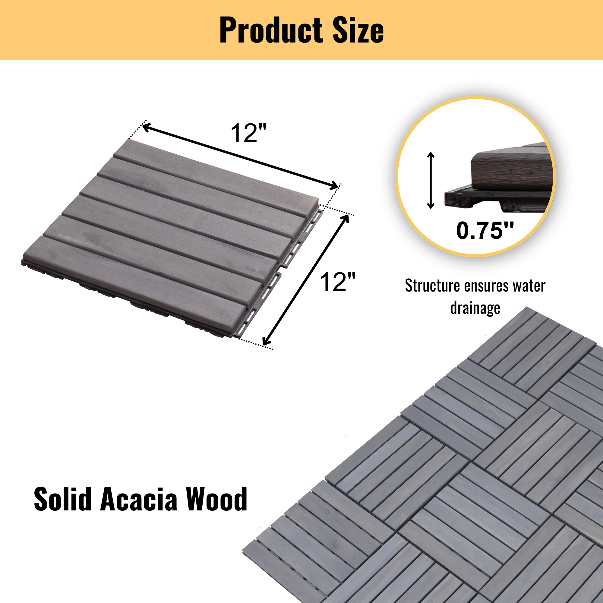 30 PCS Interlocking Deck Tiles 12x12 Inch, Light Gray Acacia Hardwood Outdoor Flooring Striped Pattern for Patio Balcony Poolside view 7