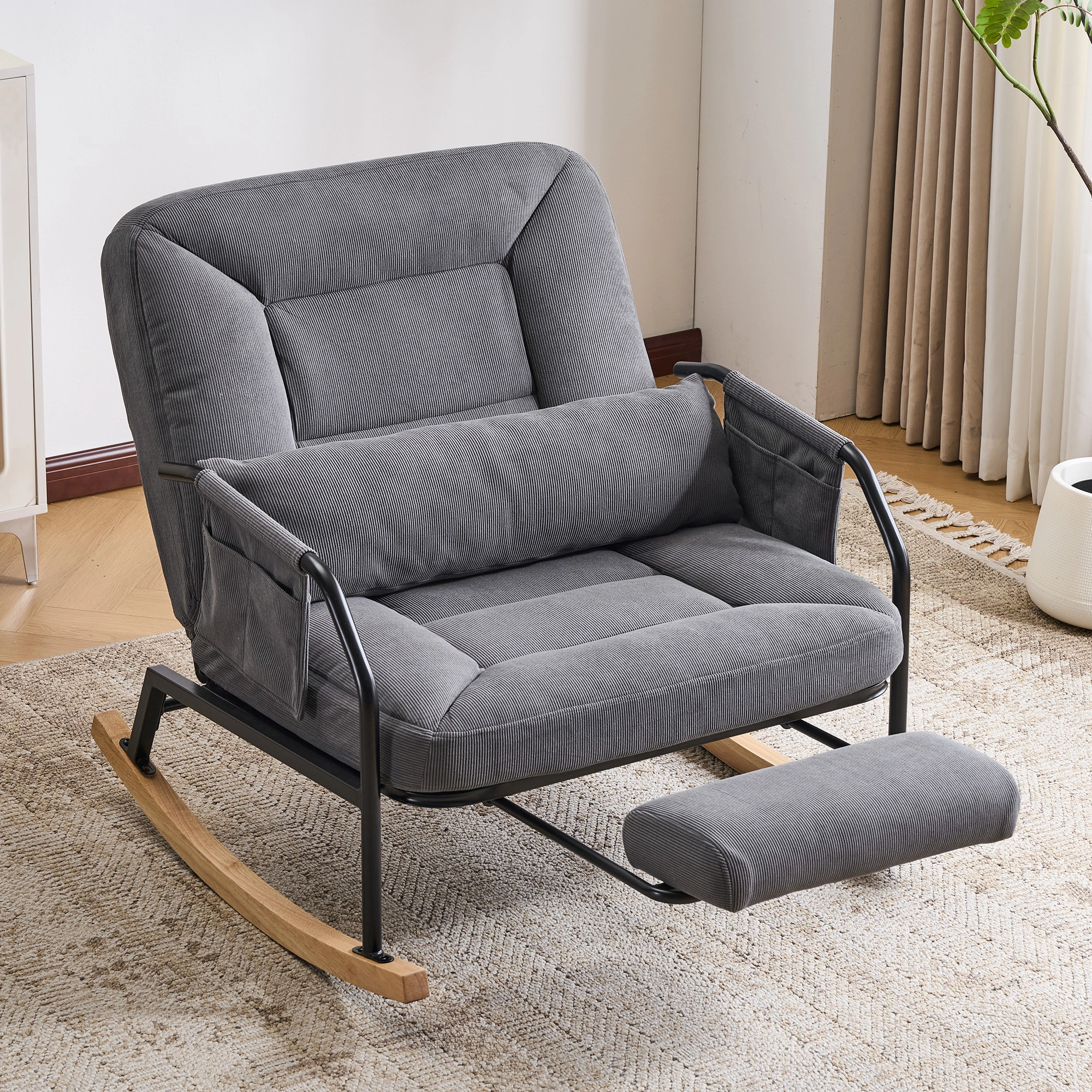 Oversized Rocking Chair Glider with Footrest, Padded Cushion & Adjustable Backrest, Metal Wood Frame Indoor/Outdoor