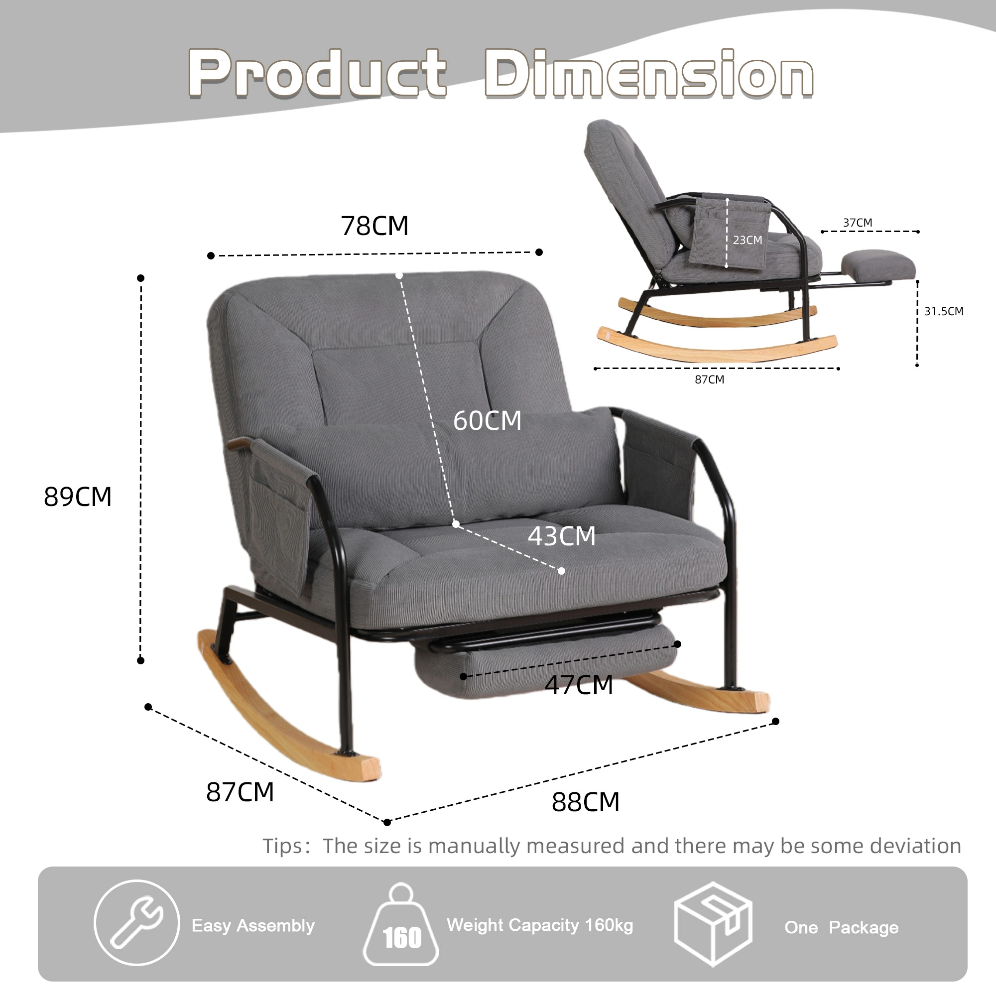 Oversized Rocking Chair Glider with Footrest, Padded Cushion & Adjustable Backrest, Metal Wood Frame Indoor/Outdoor view 2