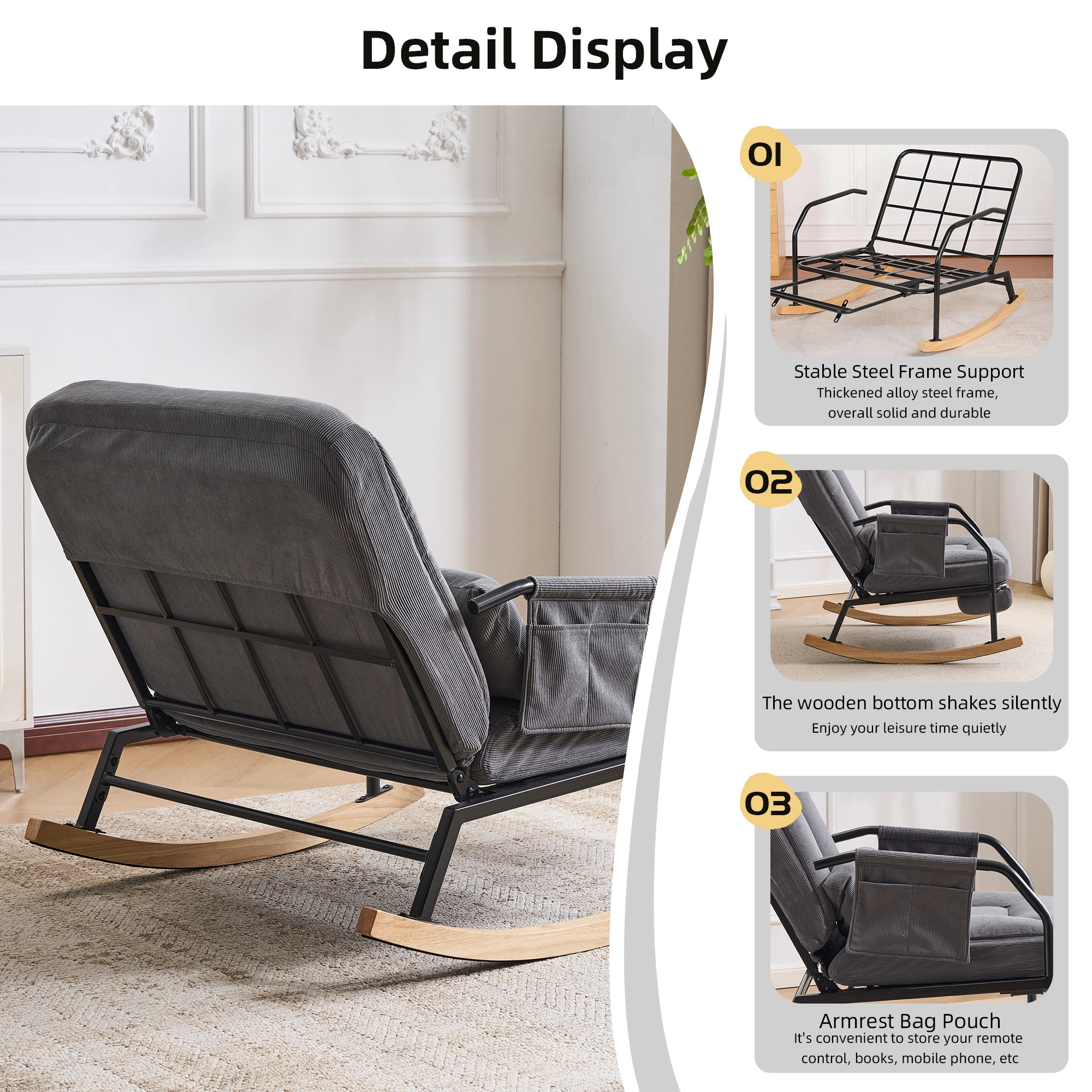 Oversized Rocking Chair Glider with Footrest, Padded Cushion & Adjustable Backrest, Metal Wood Frame Indoor/Outdoor view 4