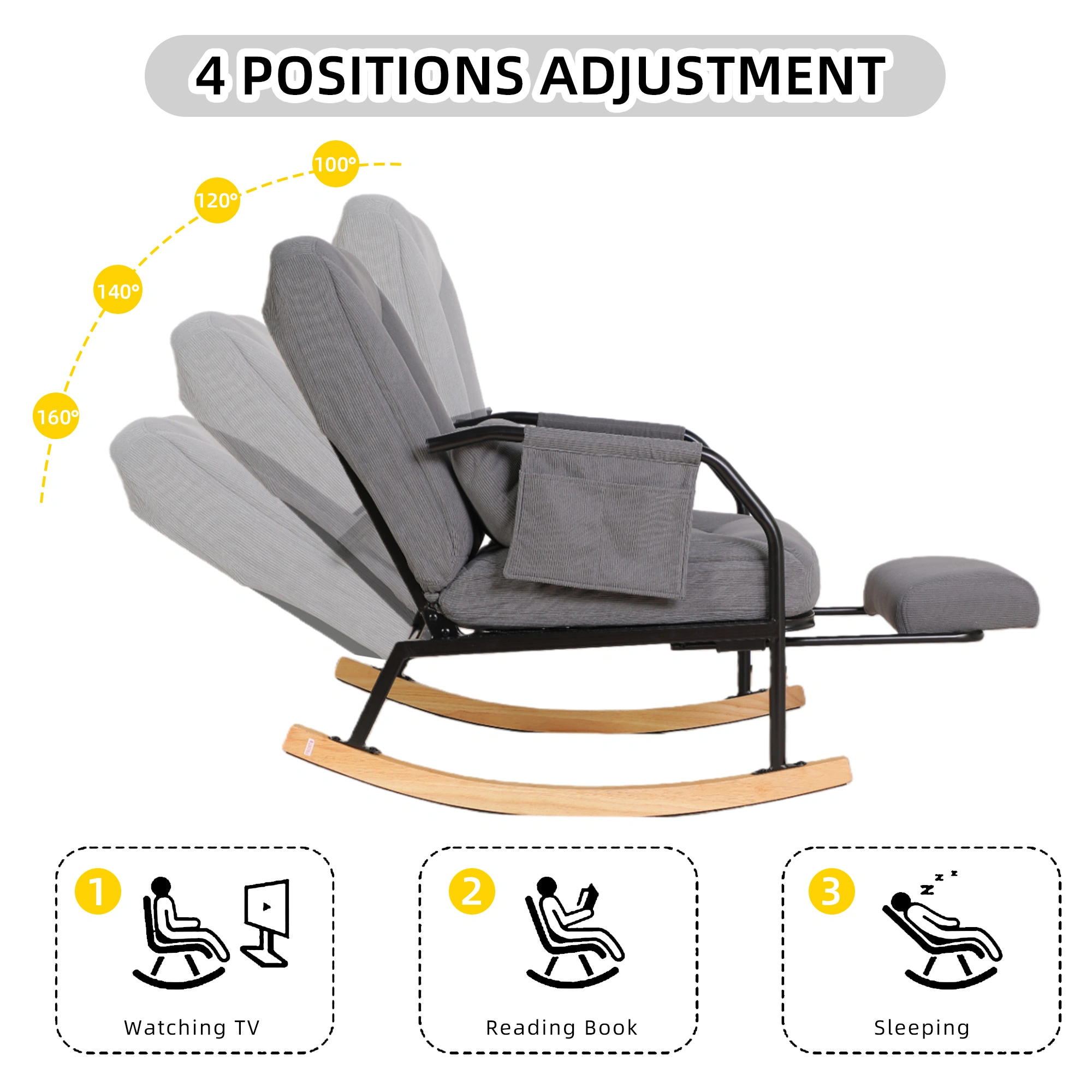 Oversized Rocking Chair Glider with Footrest, Padded Cushion & Adjustable Backrest, Metal Wood Frame Indoor/Outdoor view 5