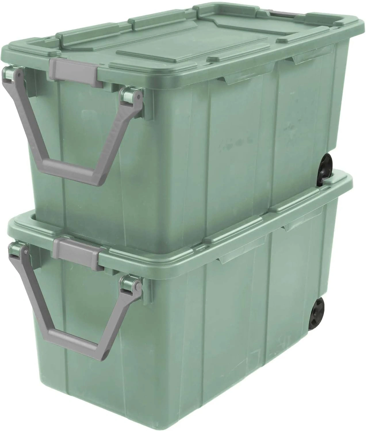 40 Gallon Durable Plastic Storage Tote with Latching Lid and Pull Handle, Green, 2 Pack view 3