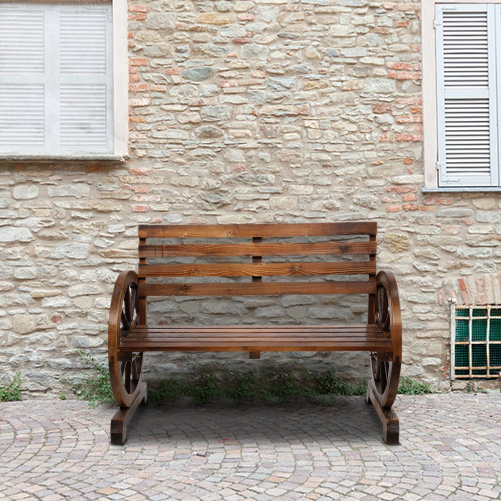 Rustic 2-Person Wooden Wagon Wheel Bench with Slatted Seat and Backrest, Brown view 10