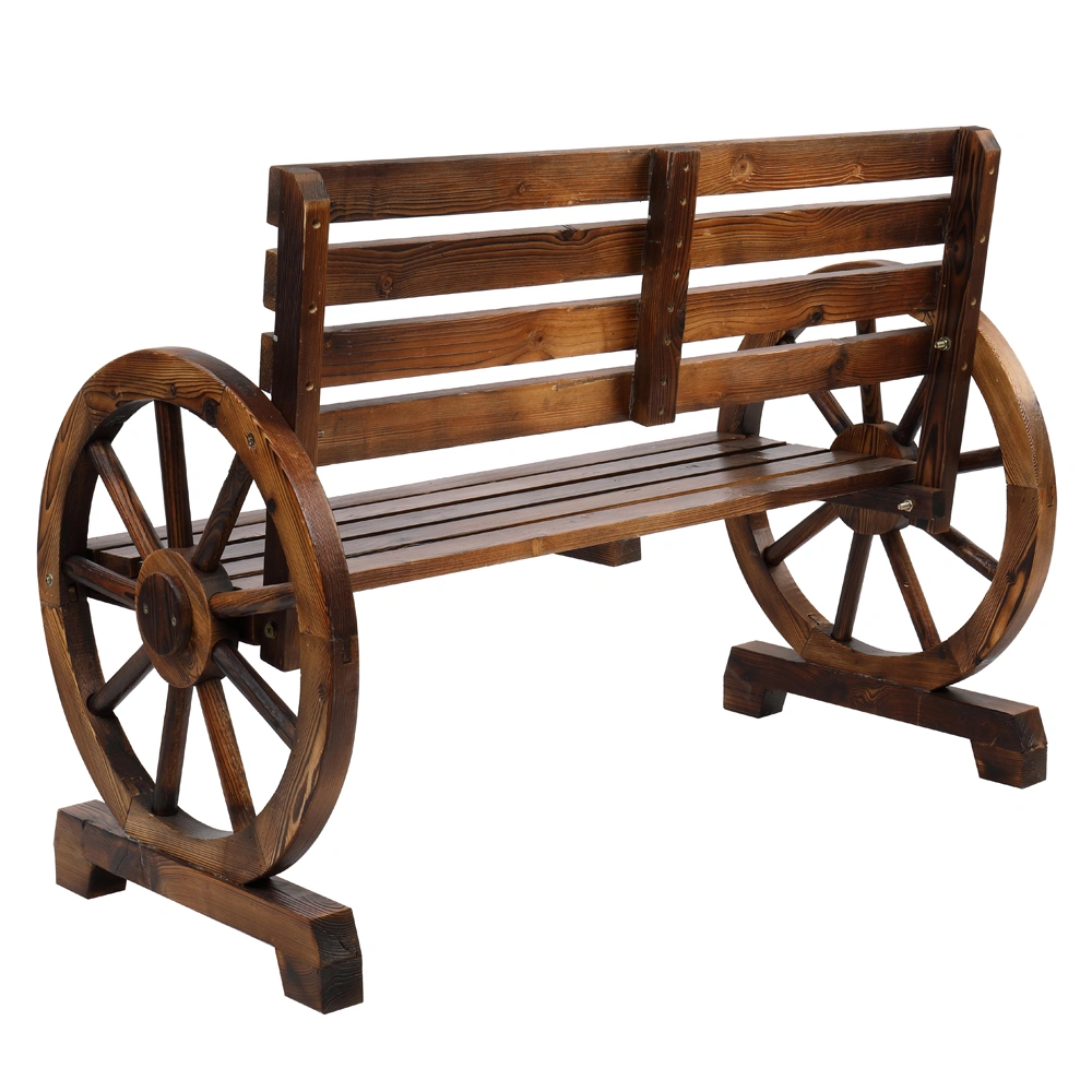 Rustic 2-Person Wooden Wagon Wheel Bench with Slatted Seat and Backrest, Brown view 11