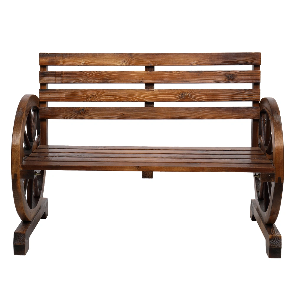 Rustic 2-Person Wooden Wagon Wheel Bench with Slatted Seat and Backrest, Brown view 12