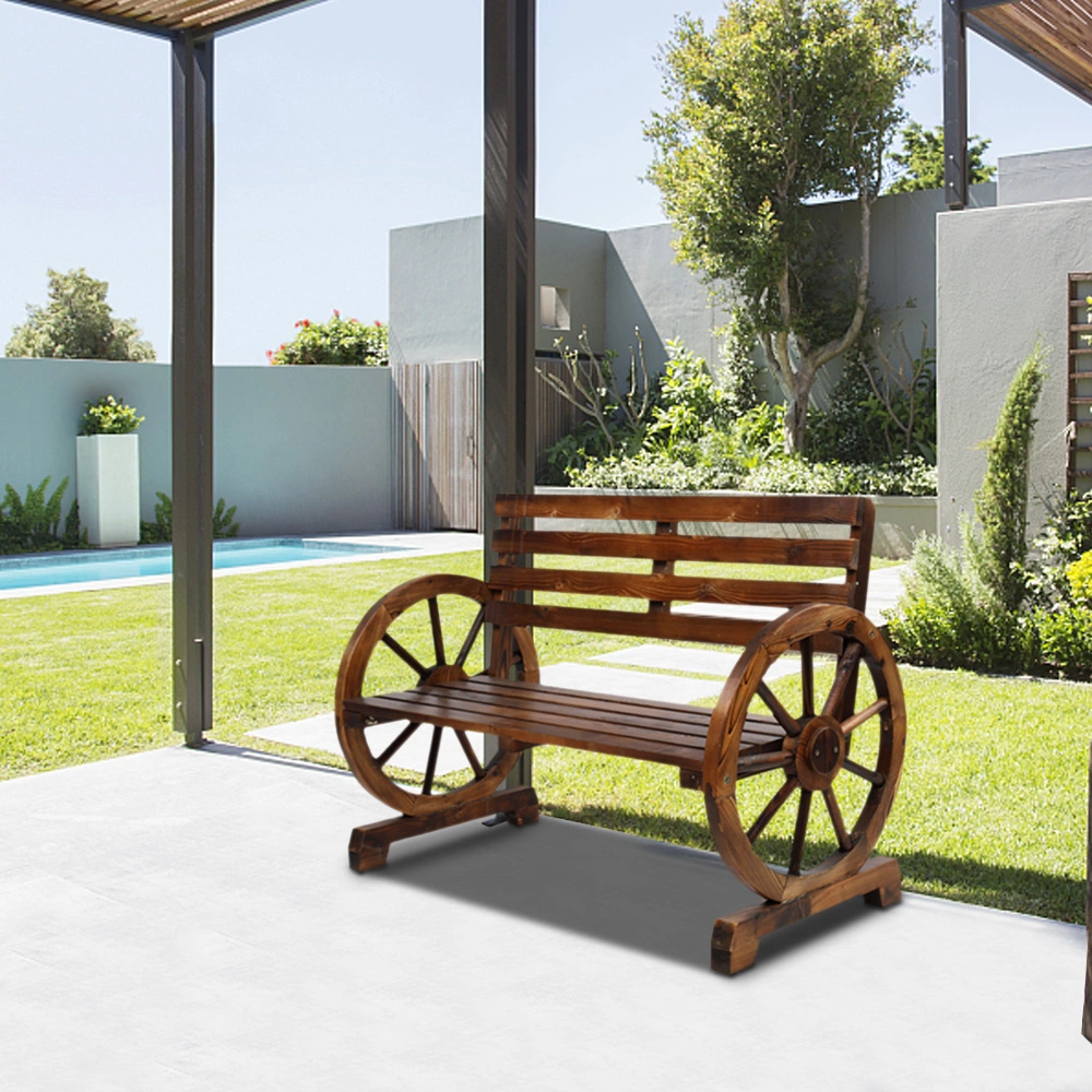 Rustic 2-Person Wooden Wagon Wheel Bench with Slatted Seat and Backrest, Brown view 13