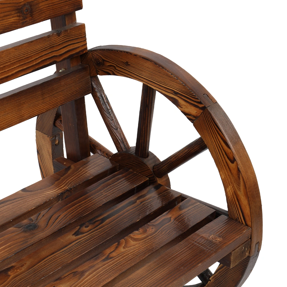 Rustic 2-Person Wooden Wagon Wheel Bench with Slatted Seat and Backrest, Brown view 14