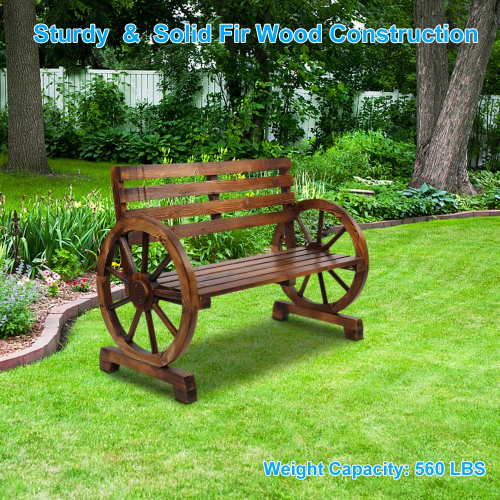 Rustic 2-Person Wooden Wagon Wheel Bench with Slatted Seat and Backrest, Brown view 16