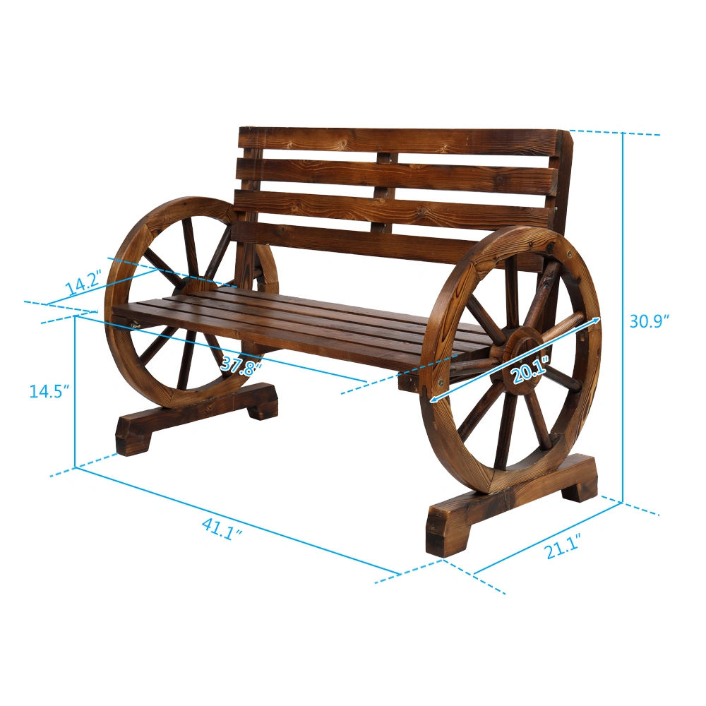 Rustic 2-Person Wooden Wagon Wheel Bench with Slatted Seat and Backrest, Brown view 17