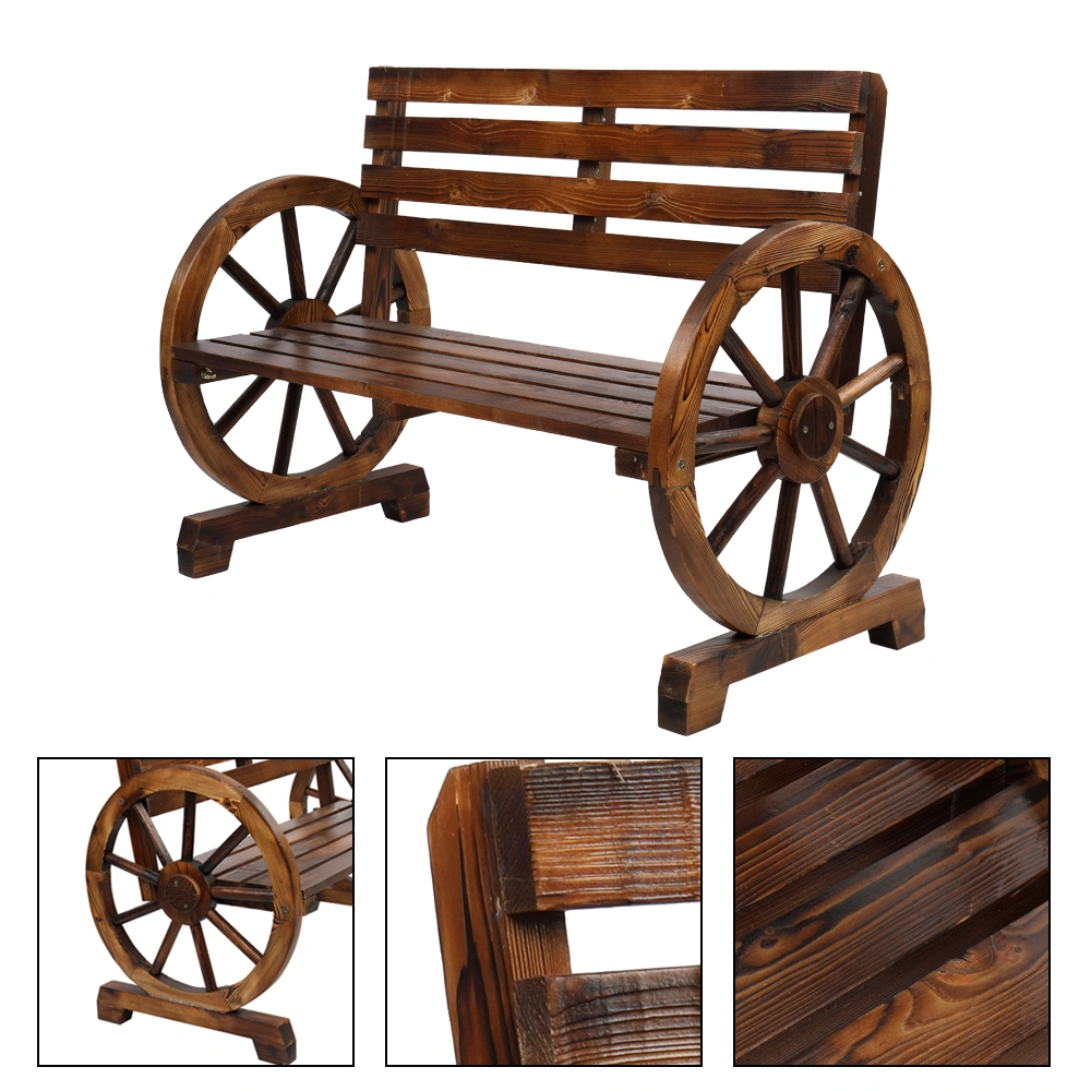 Rustic 2-Person Wooden Wagon Wheel Bench with Slatted Seat and Backrest, Brown view 18