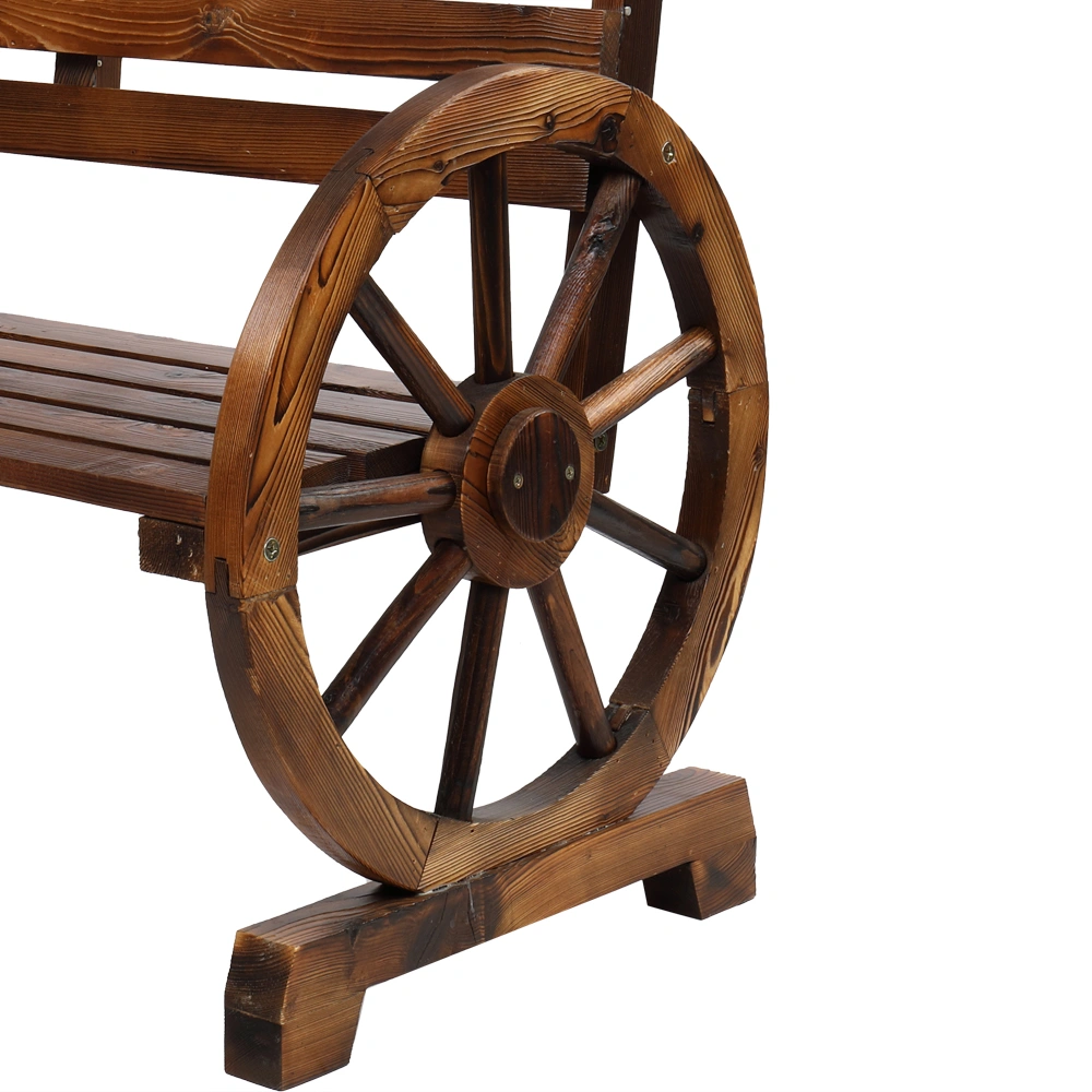 Rustic 2-Person Wooden Wagon Wheel Bench with Slatted Seat and Backrest, Brown view 19