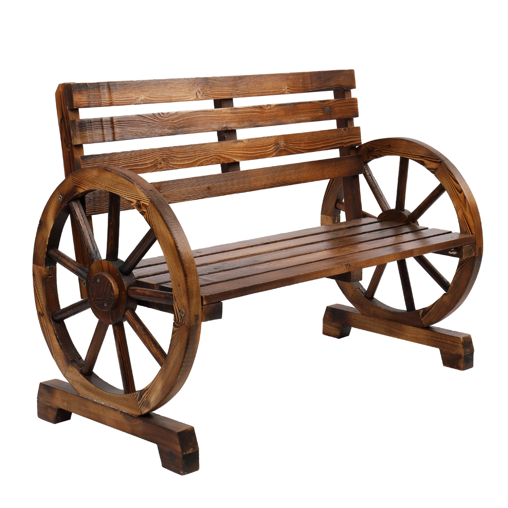 Rustic 2-Person Wooden Wagon Wheel Bench with Slatted Seat and Backrest, Brown view 9