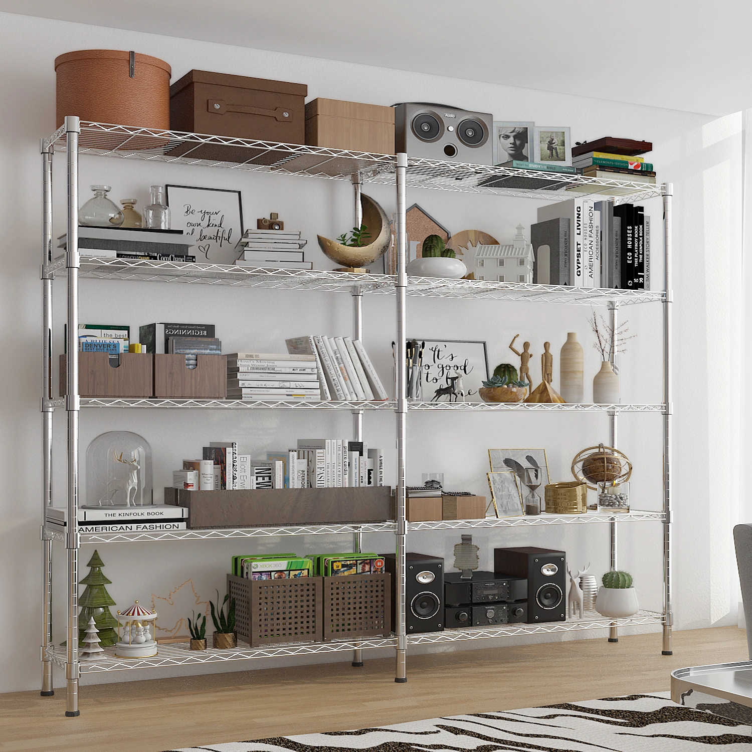 5-layer double row, freely adjustable layer spacing, with adjustable feet, display stand, iron, 147*35*180cm, chrome-plated view 12