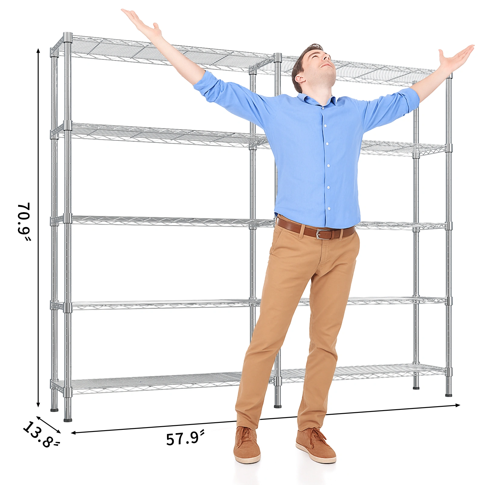 5-layer double row, freely adjustable layer spacing, with adjustable feet, display stand, iron, 147*35*180cm, chrome-plated view 5