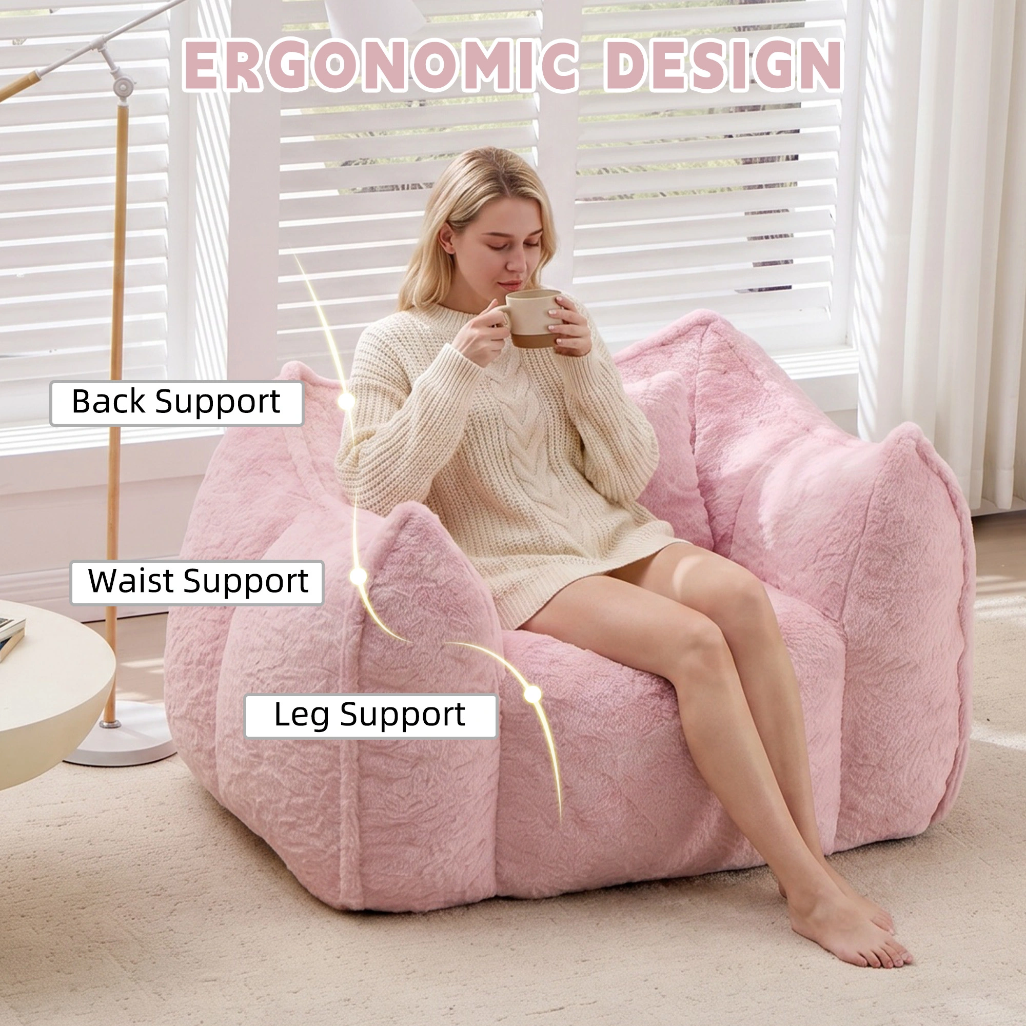 Giant Faux Fur Bean Bag Chair with Pillow, Large Comfy Floor Sofa for Adults & Kids, Pink Couch for Living Room, Bedroom, Apartment view 4