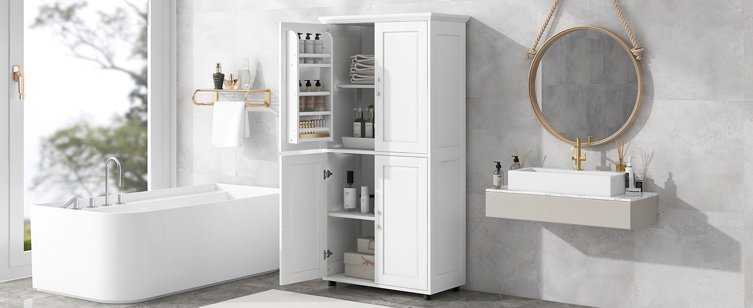 White Bathroom Storage Cabinet, Freestanding Floor Unit with 4 Doors & Adjustable Shelves, Tall Wide Bath Organizer Cabinet