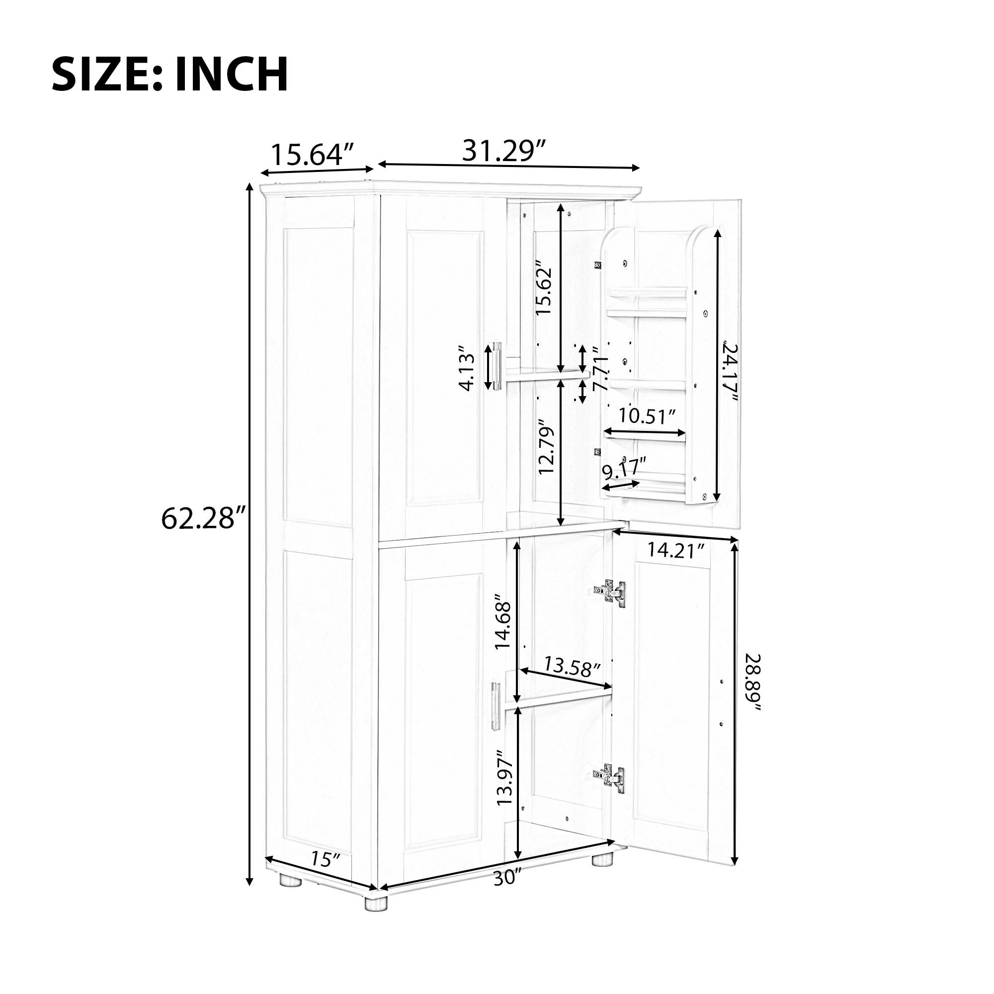 White Bathroom Storage Cabinet, Freestanding Floor Unit with 4 Doors & Adjustable Shelves, Tall Wide Bath Organizer Cabinet view 13